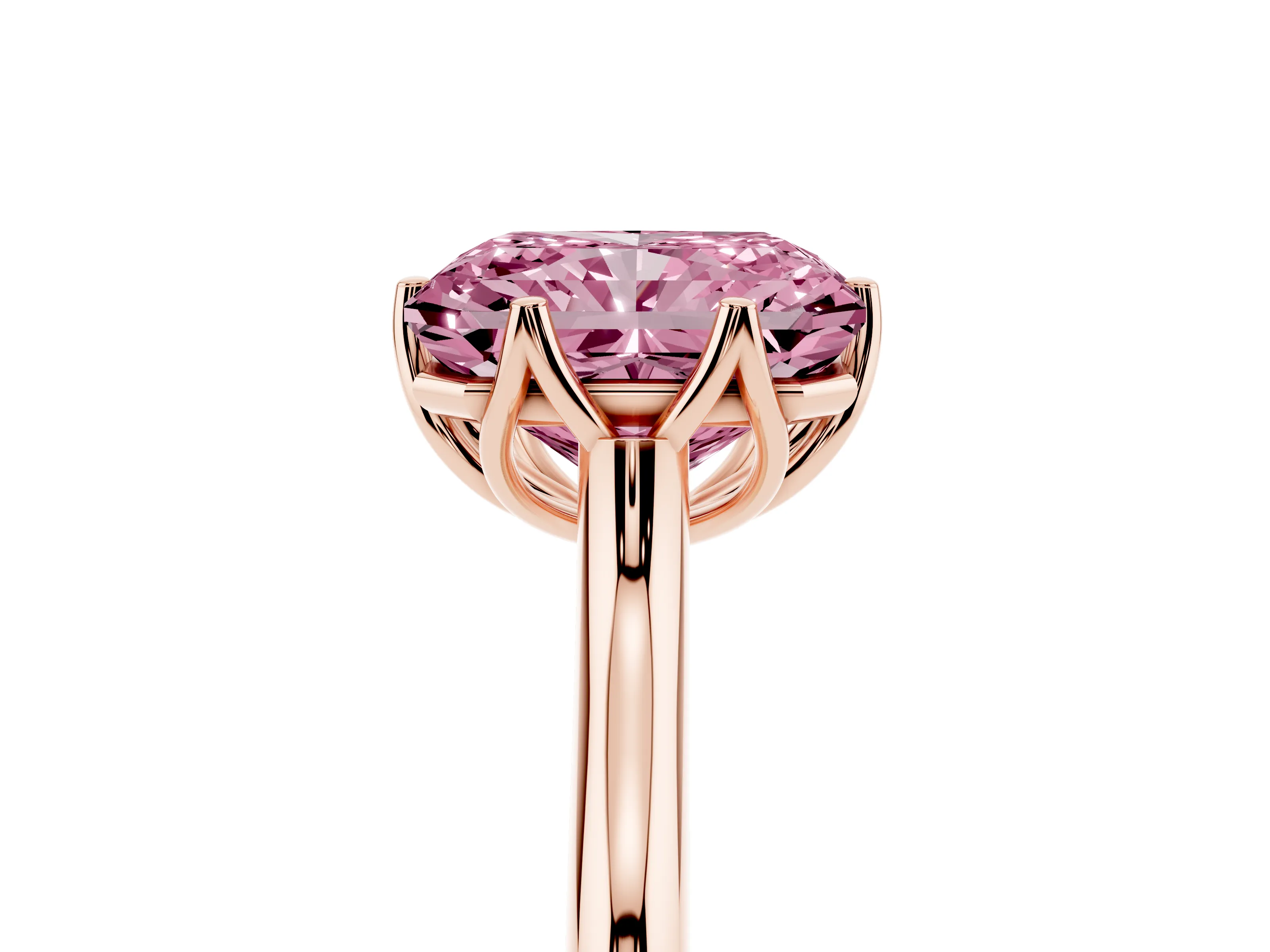 Fancy Pink Radiant Cut Diamond Solitaire Cathedral Ring Set in Rose gold with Prong Setting