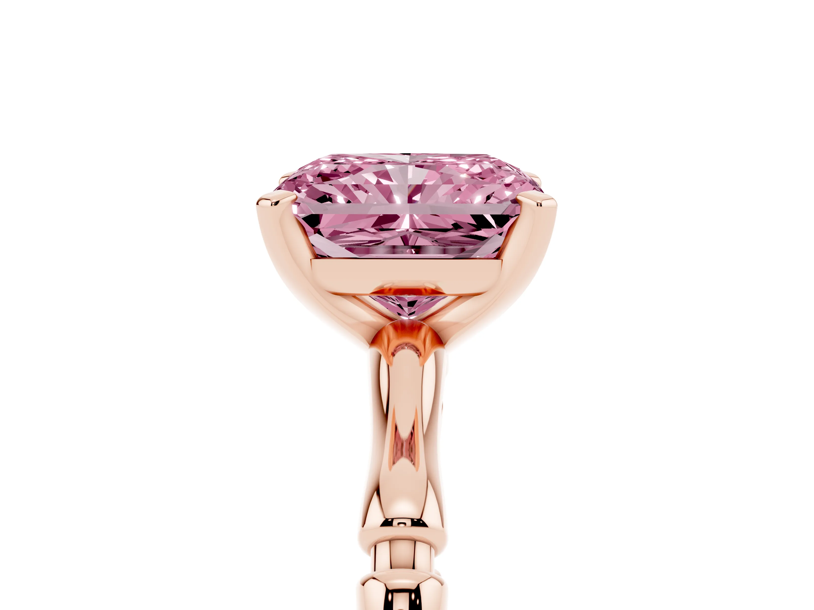 Fancy Pink Radiant Cut Diamond Solitaire Ring Set in Rose gold with Bamboo Band and Prong Setting