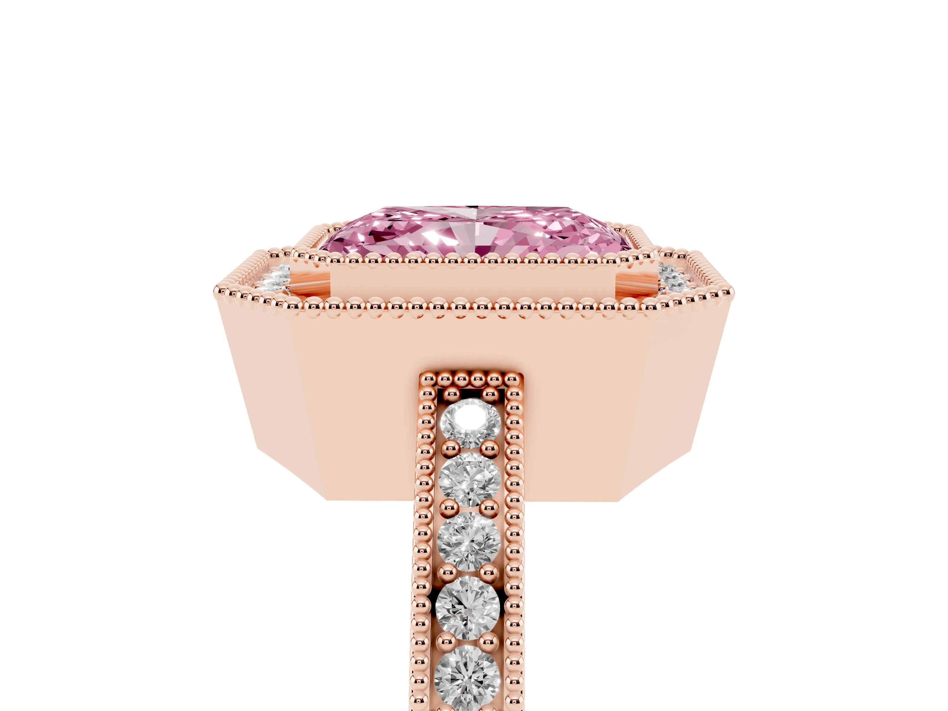 Fancy Pink Radiant Cut Diamond Round Halo Ring Set in Rose gold with Pavé Band