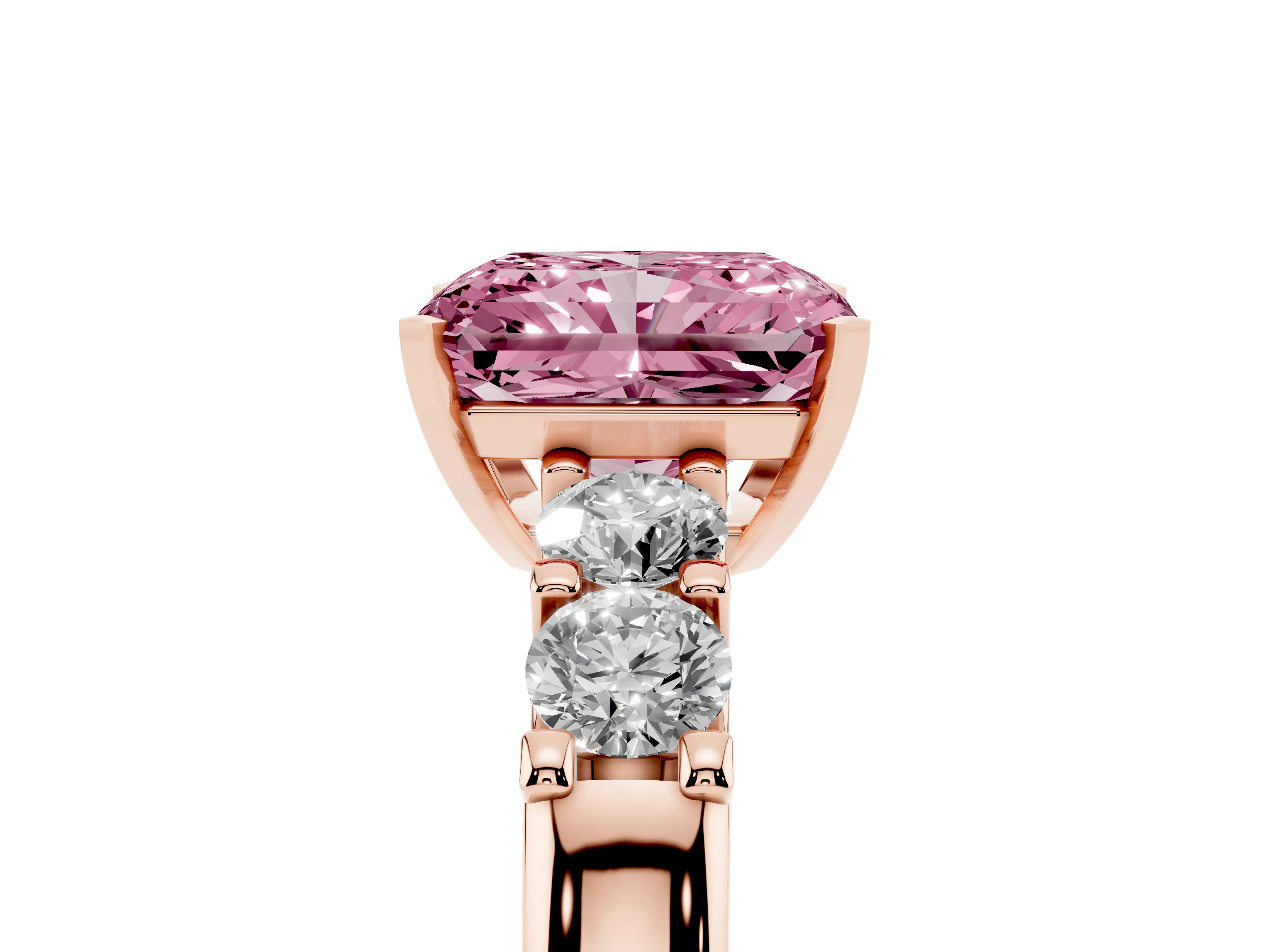 Fancy Pink Radiant Cut Diamond Five-Stone Prong Set Engagement Ring Set in Rose gold with Channel Band