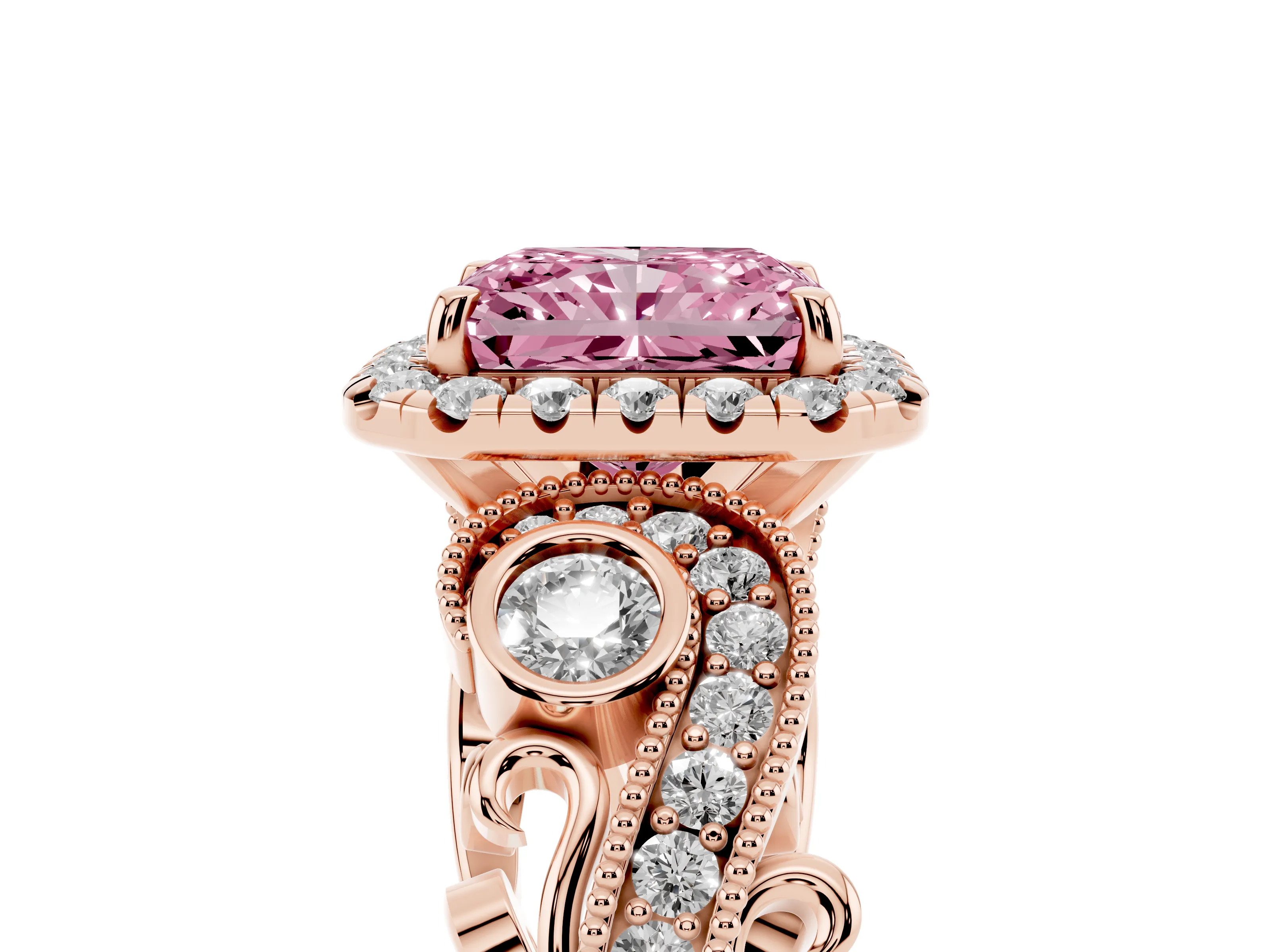 Fancy Pink Radiant Cut Diamond Halo Ring Set in Rose gold with Milgrain Pavé Band and Prong Setting