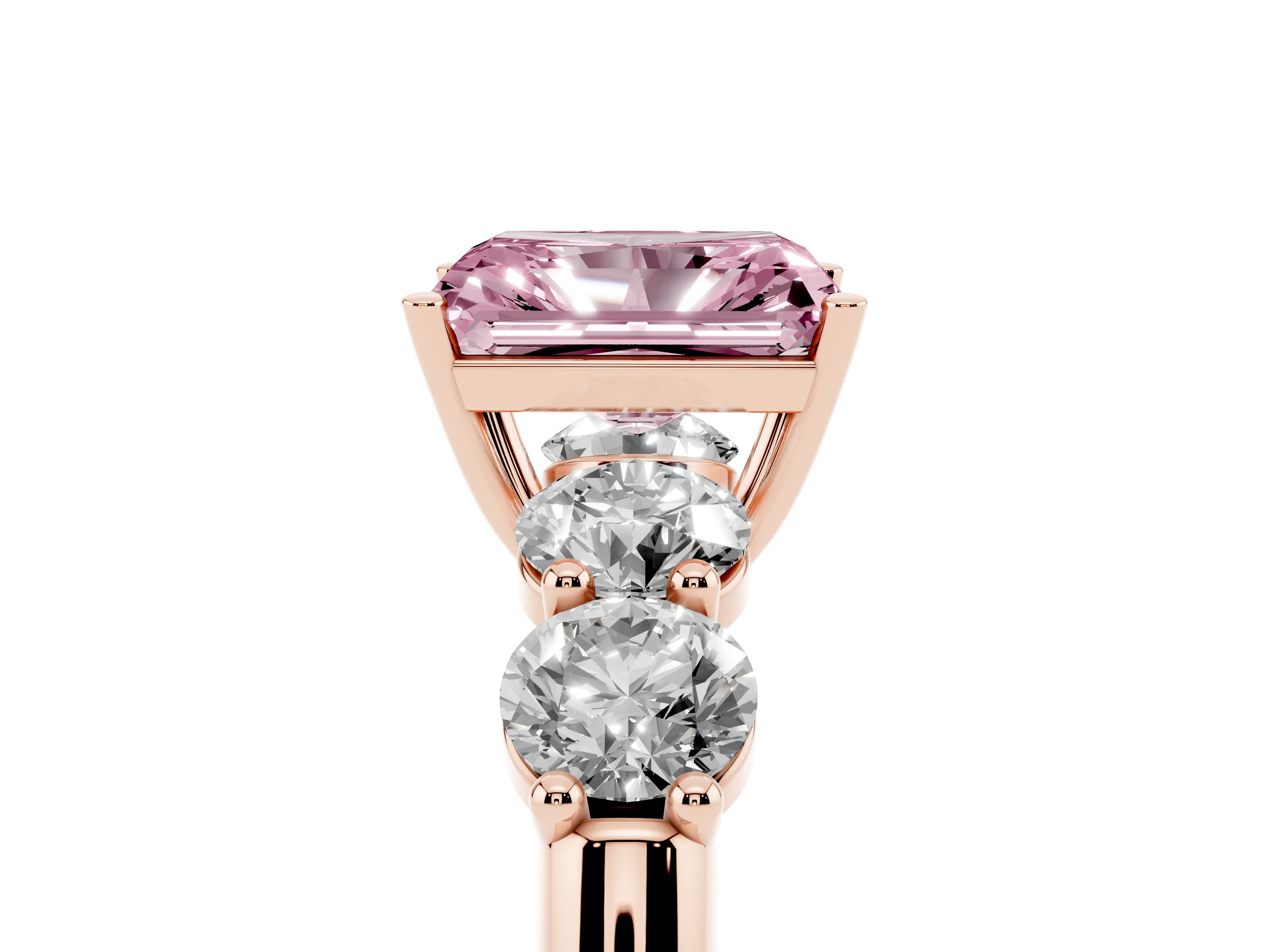 Fancy Pink Radiant Cut Diamond Five-Stone Prong Set Ring Set in Rose gold with Classic Band