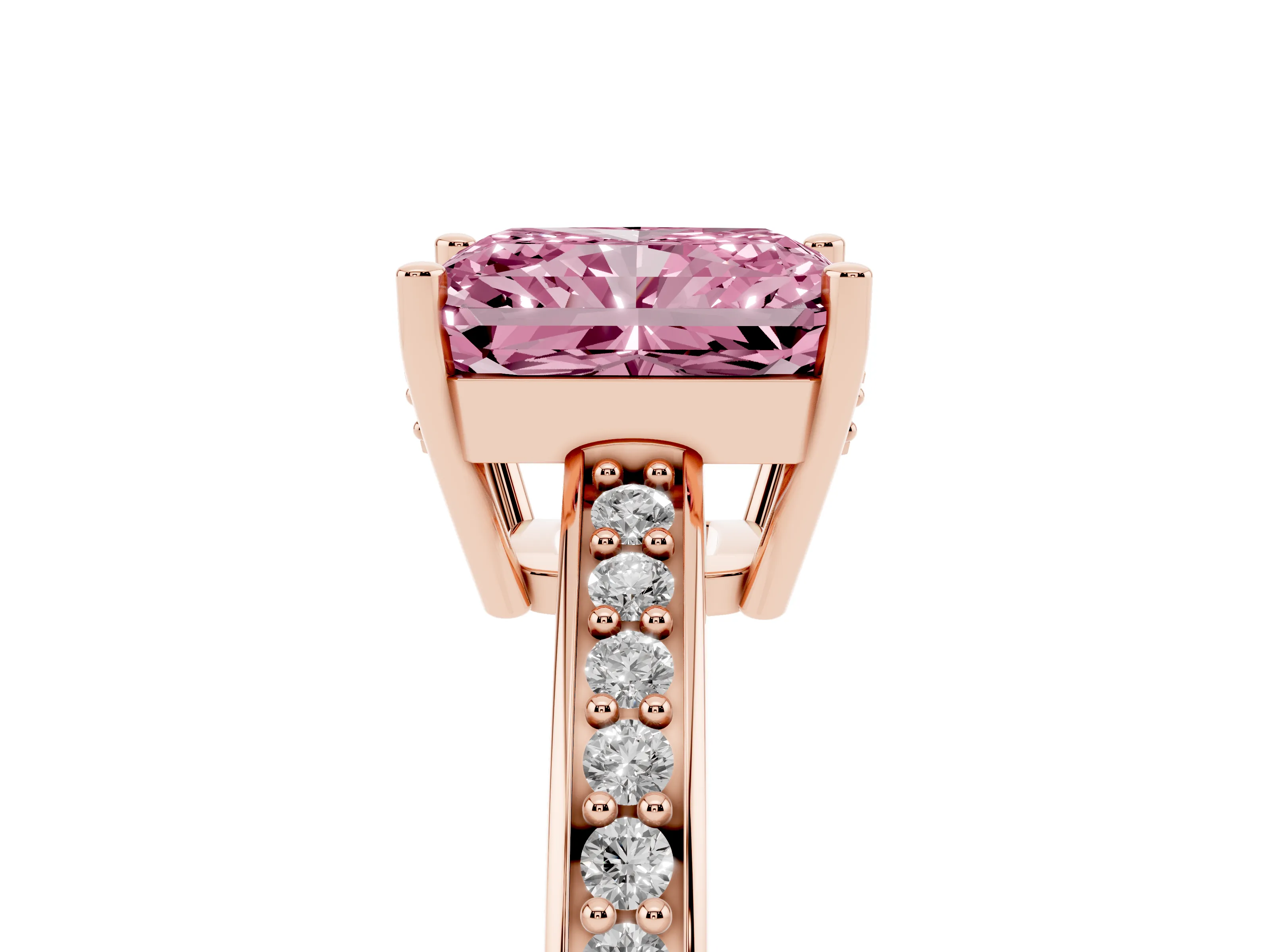 Fancy Pink Radiant Cut Diamond Pavé Band Prong Set Solitaire Ring Set in Rose gold