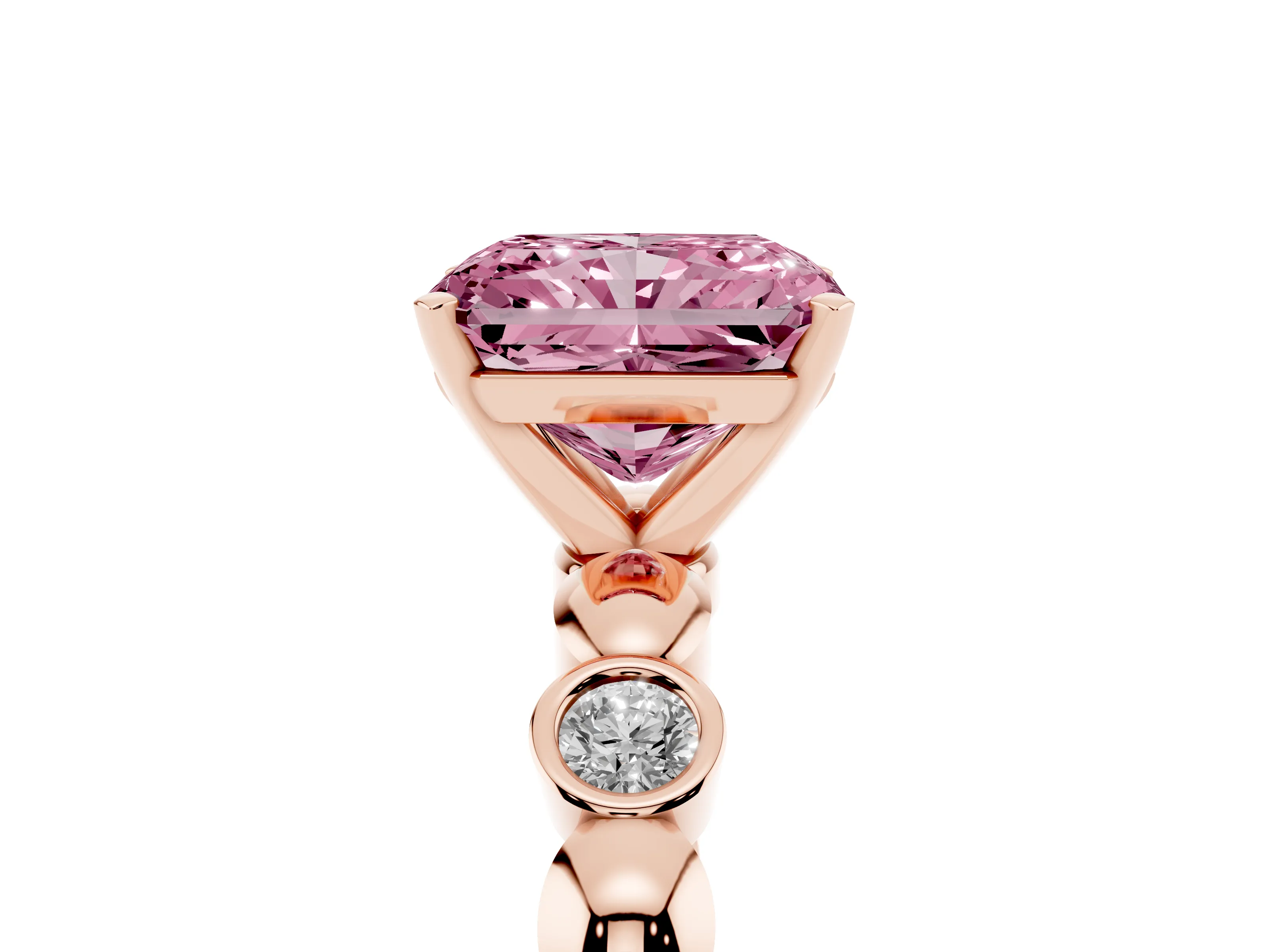 Fancy Pink Radiant Cut Diamond Solitaire Ring Set in Rose gold with Bezel-Set Accents on Beaded Band and Prong Setting