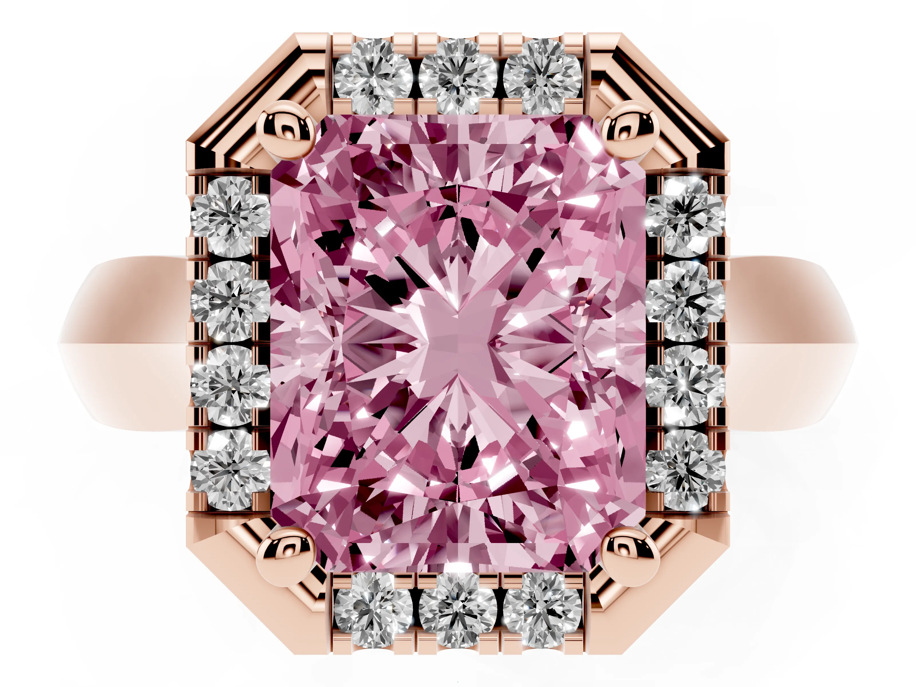 Fancy Pink Radiant Cut Diamond Halo Solitaire Engagement Ring Set in Rose gold with Square Band and Prong Setting