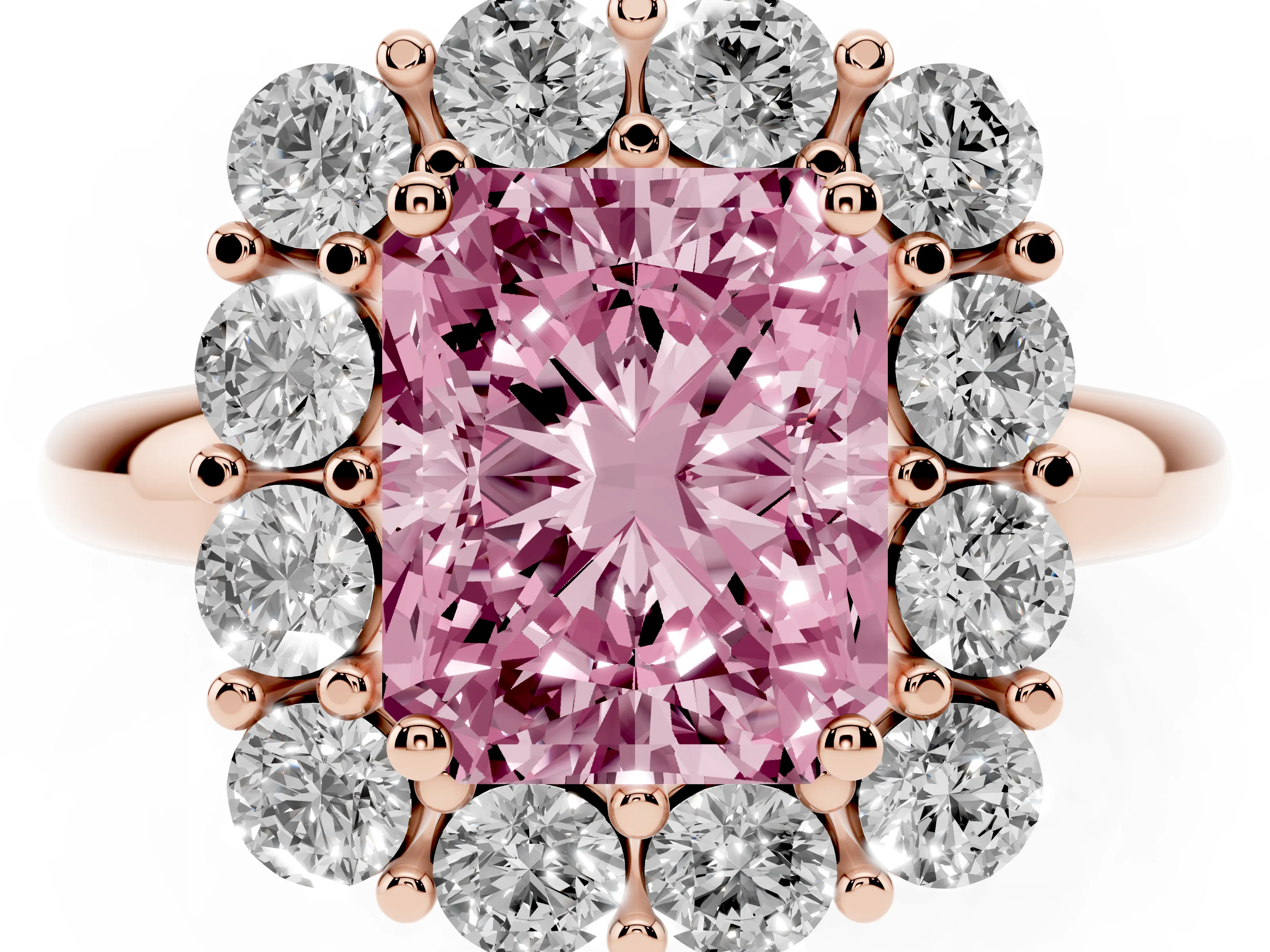 Fancy Pink Radiant Cut Diamond Halo Cluster Engagement Ring Set in Rose gold with Polished Band and Prong Setting