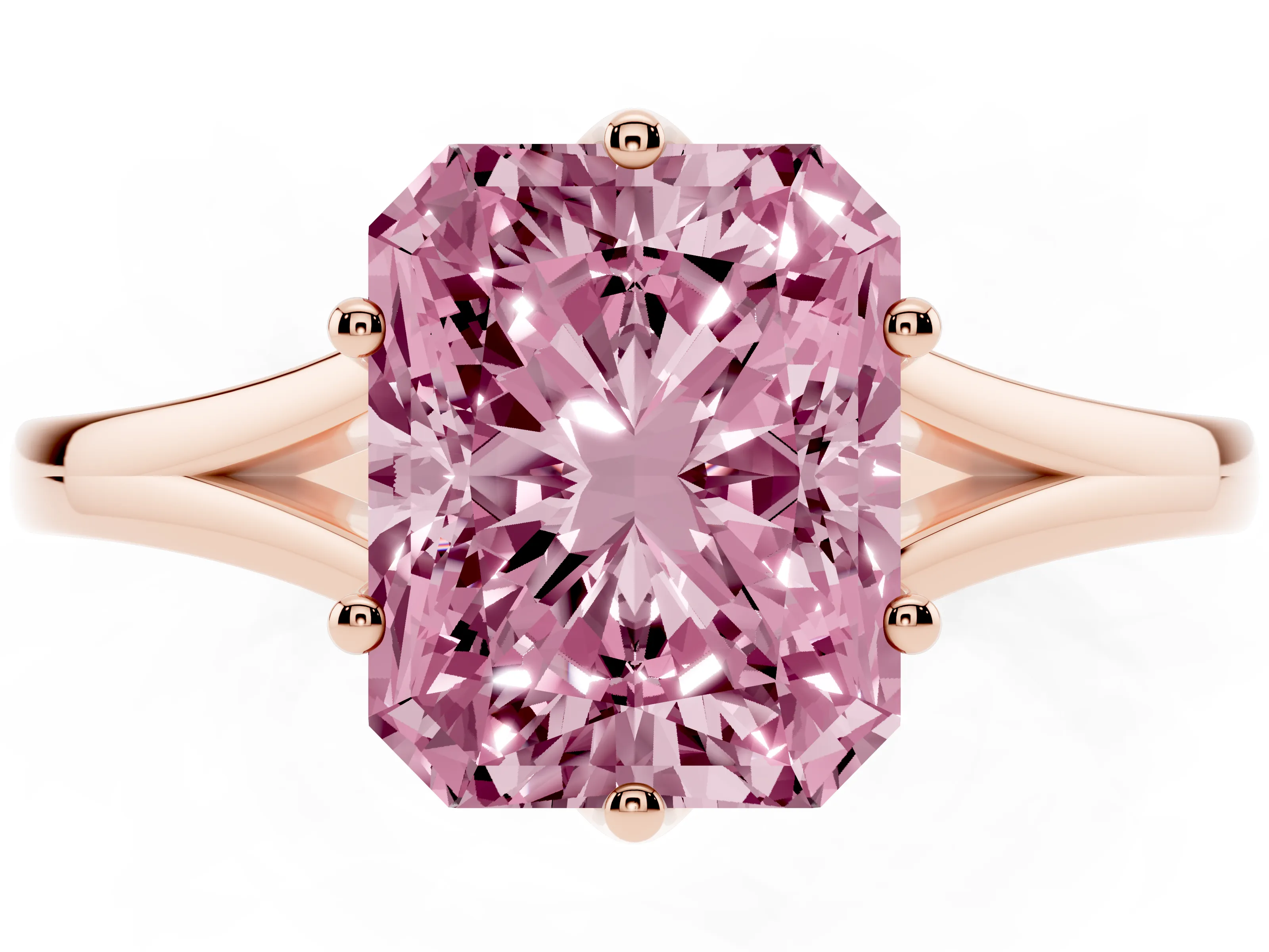 Fancy Pink Radiant Cut Diamond Solitaire Ring Set in Rose gold with Polished Tapered Band and Prong Setting