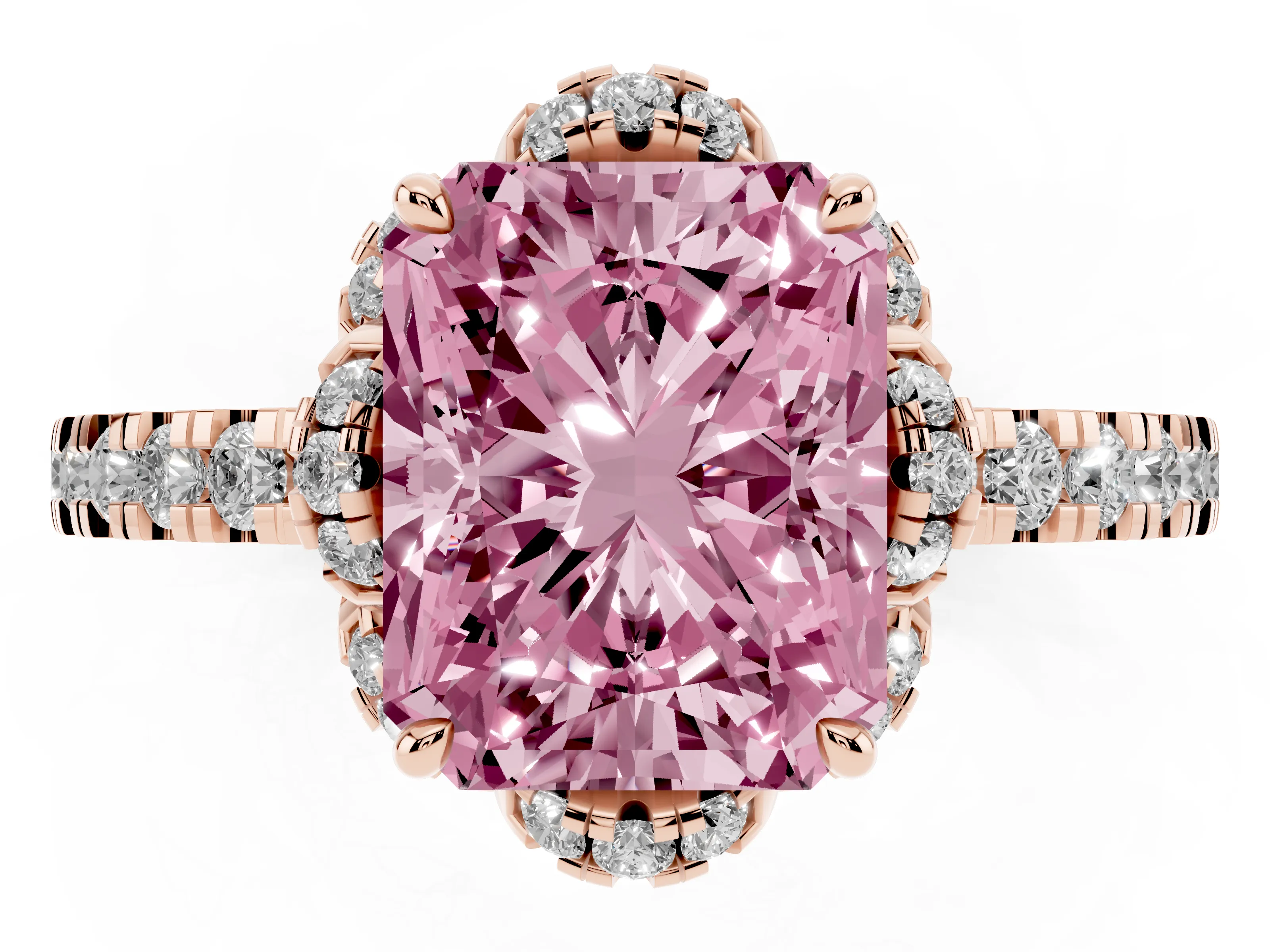 Fancy Pink Radiant Cut Diamond Halo Pavé Band Ring Set in Rose gold with Prong-Held Center