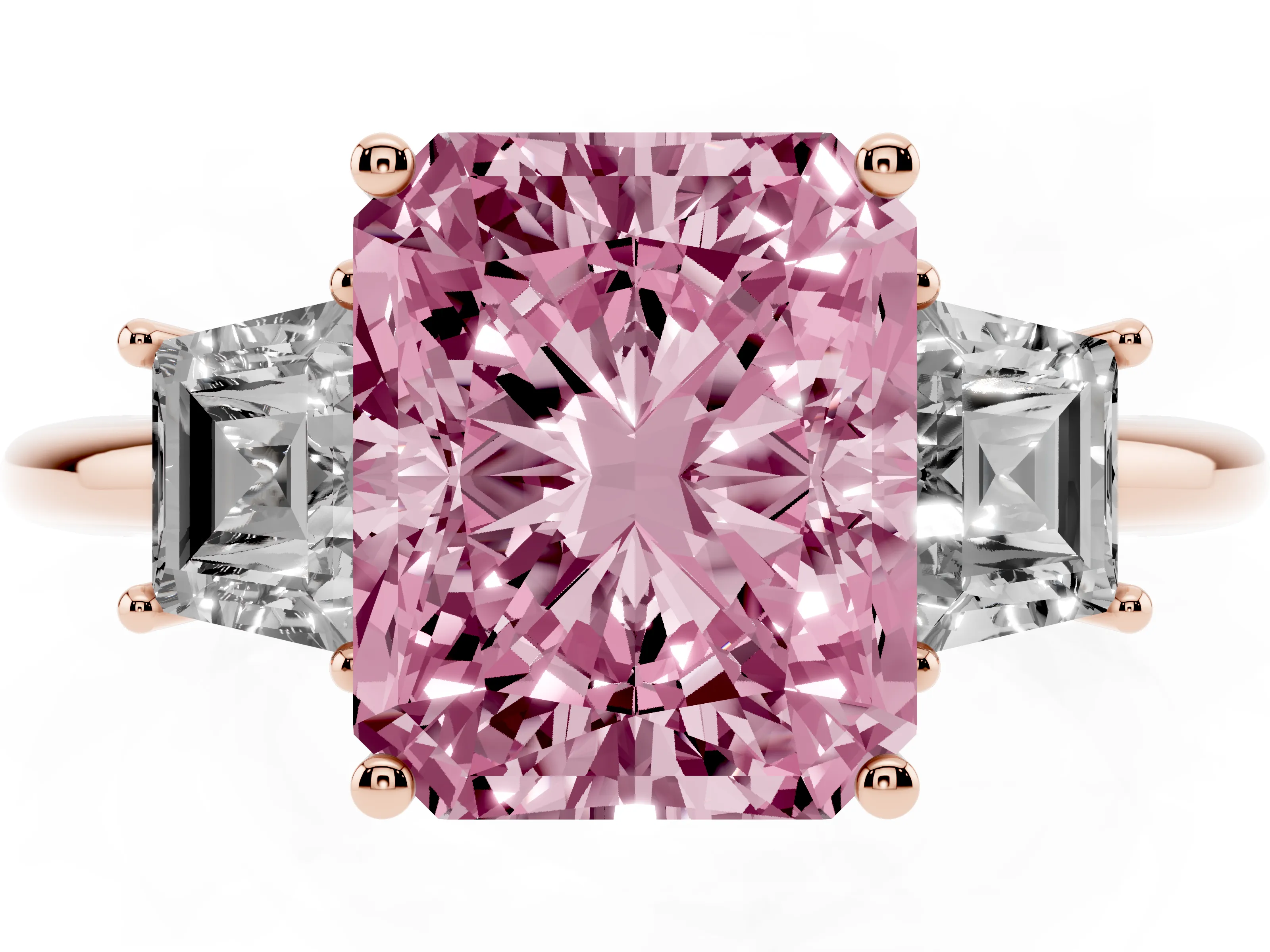 Fancy Pink Radiant Cut Diamond Three-Stone Ring Set in Rose gold with Trapezoid Side Stones and Prong Setting