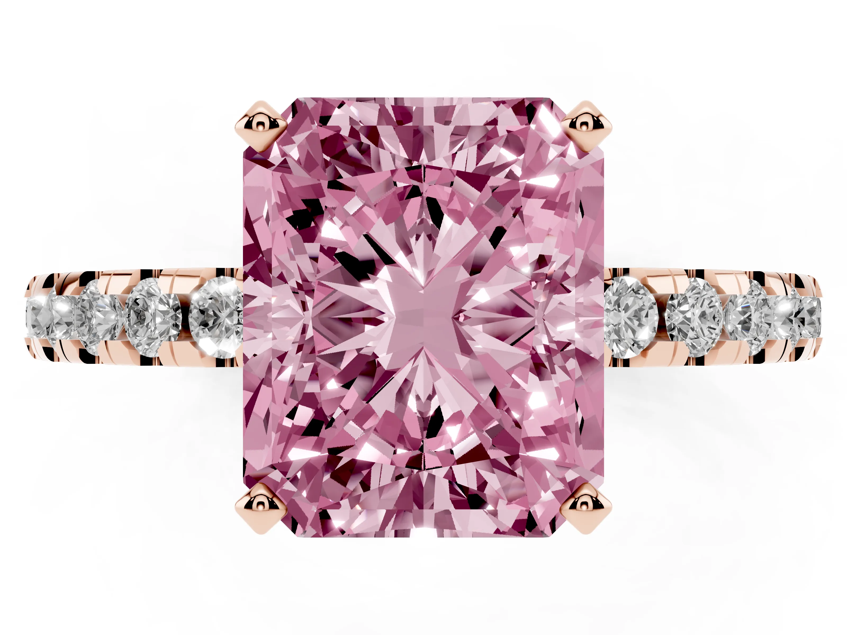 Fancy Pink Radiant Cut Diamond Pavé Solitaire Ring Set in Rose gold with Round Band Accents and Prong Setting