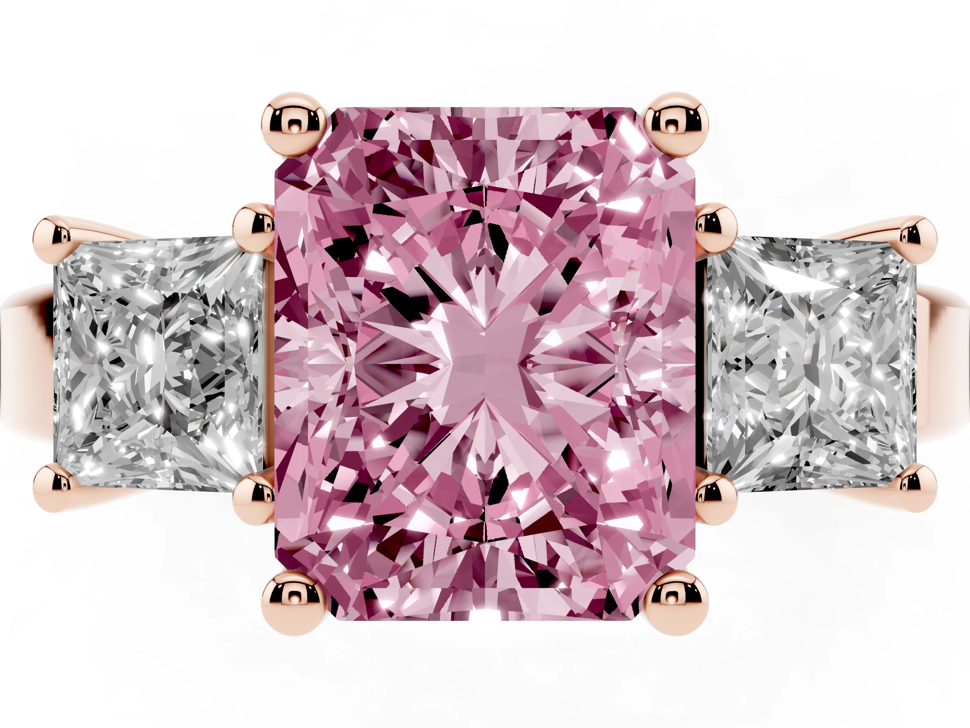 Fancy Pink Three-Stone Radiant Cut Diamond Solitaire Ring Set in Rose gold with Prong Setting