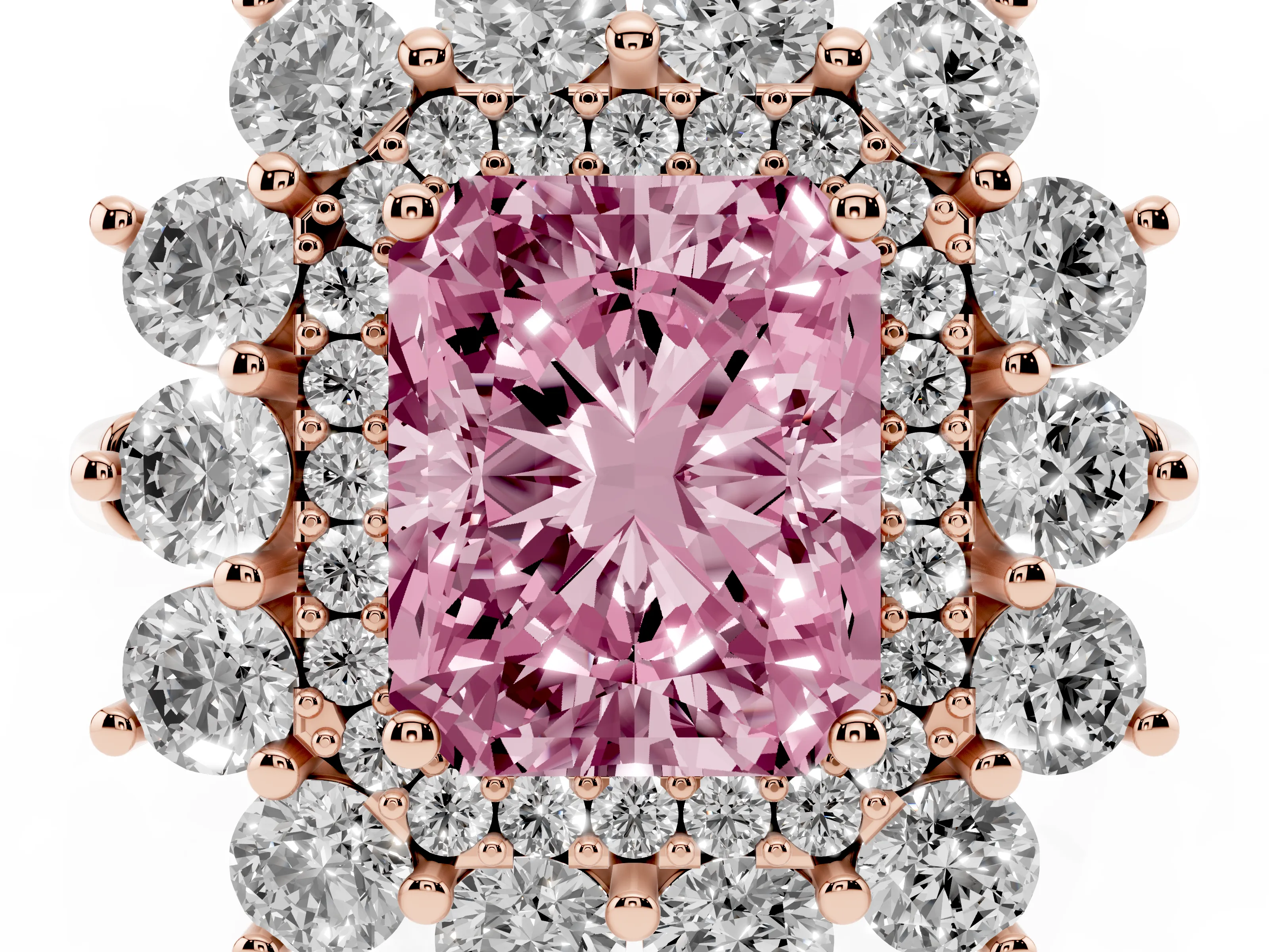 Fancy Pink Radiant Cut Diamond Floral Double Halo Ring Set in Rose gold with Round Petals