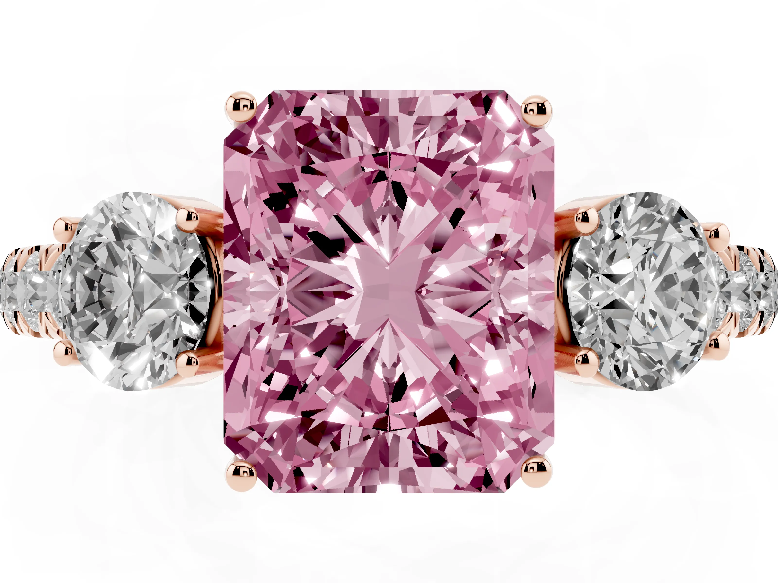 Fancy Pink Radiant Cut Diamond Three-Stone Ring Set in Rose gold with Round Side Stones and Delicate Pavé Band