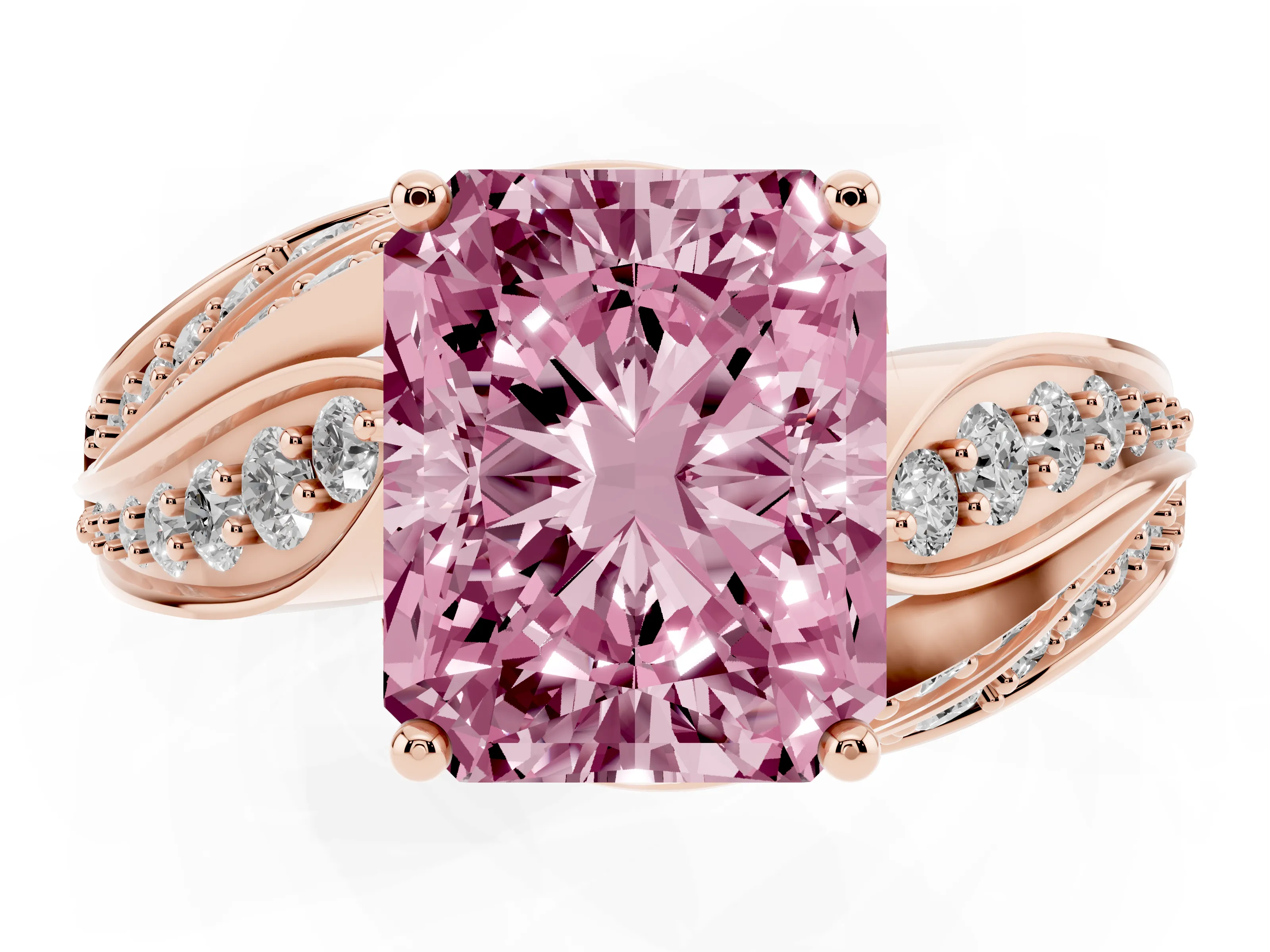 Fancy Pink Radiant Cut Diamond Solitaire Ring Set in Rose gold with Layered Twist Pavé Band
