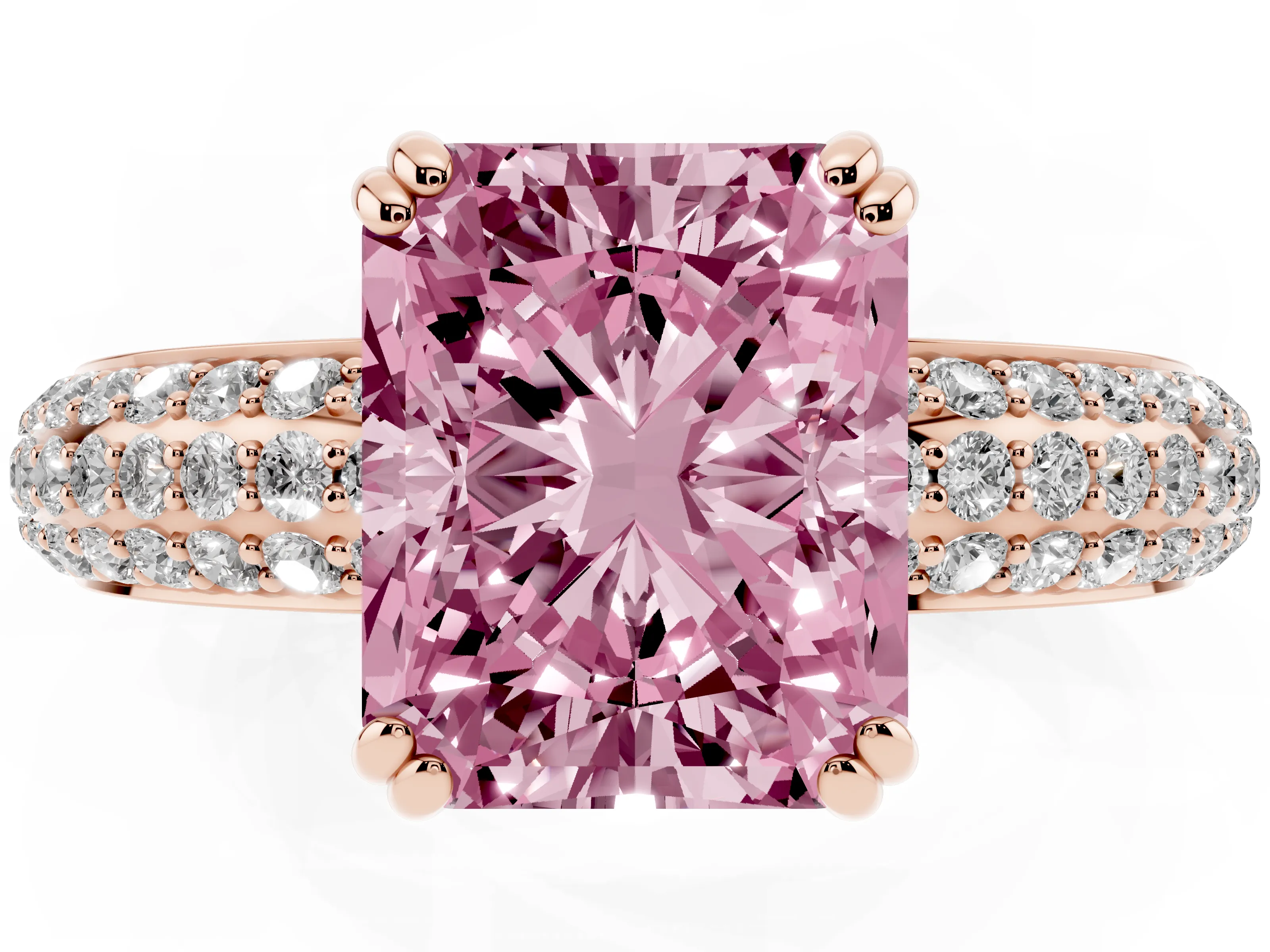 Fancy Pink Radiant Cut Diamond Solitaire Ring Set in Rose gold with Multi-Row Round Pavé Band and Prong Setting