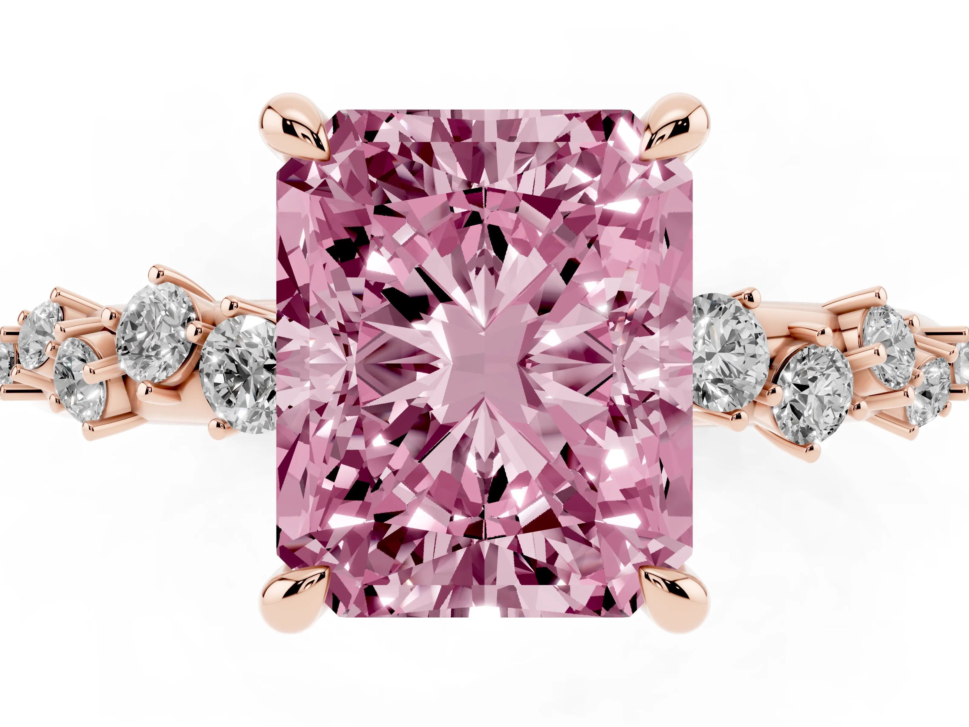 Fancy Pink Radiant Cut Diamond Solitaire Vine Band Ring Set in Rose gold with Round Accents and Prong Setting