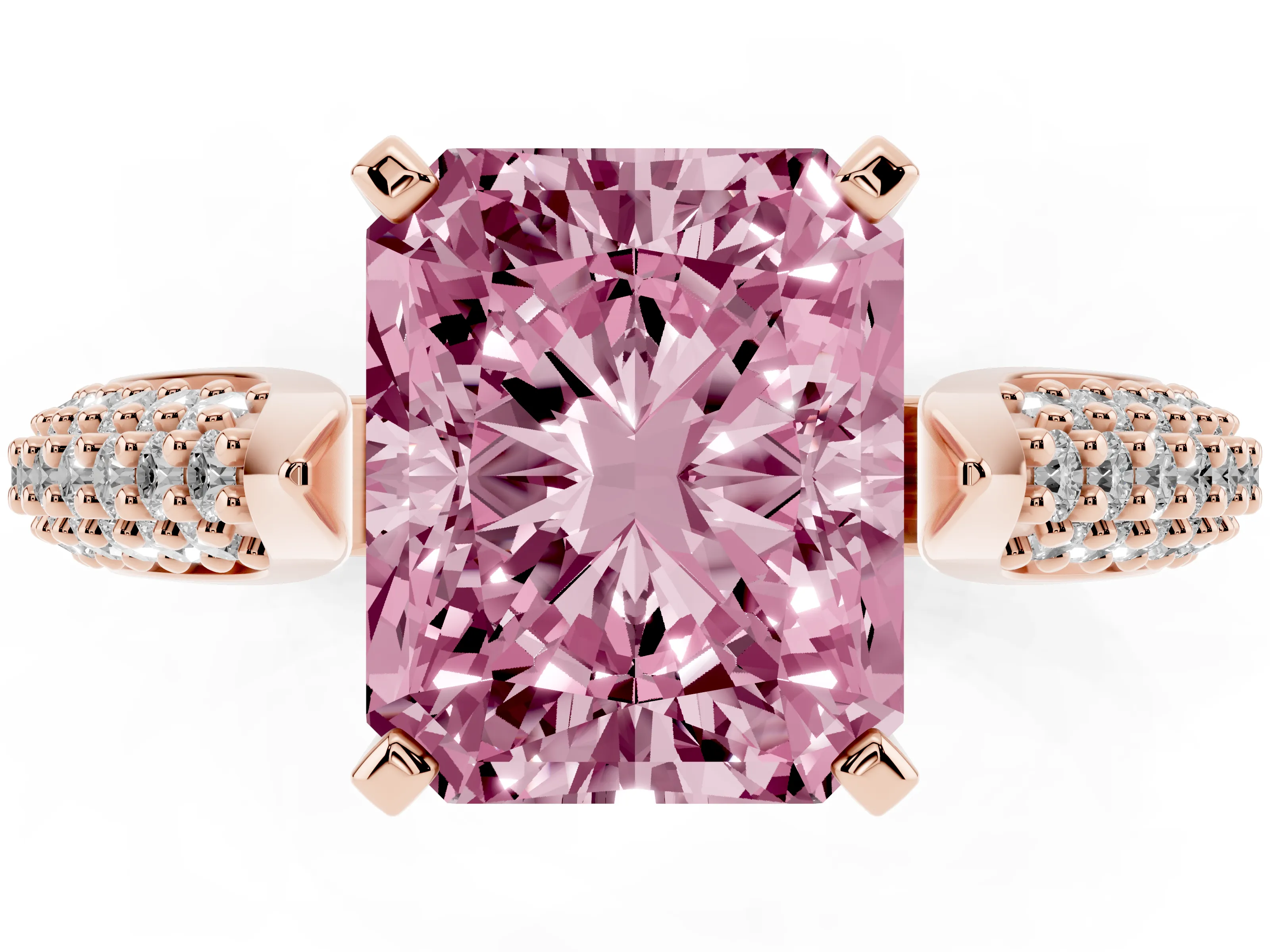 Fancy Pink Radiant Cut Diamond Solitaire Engagement Ring Set in Rose gold with Multi-Row Round Pavé Band and Prong Setting