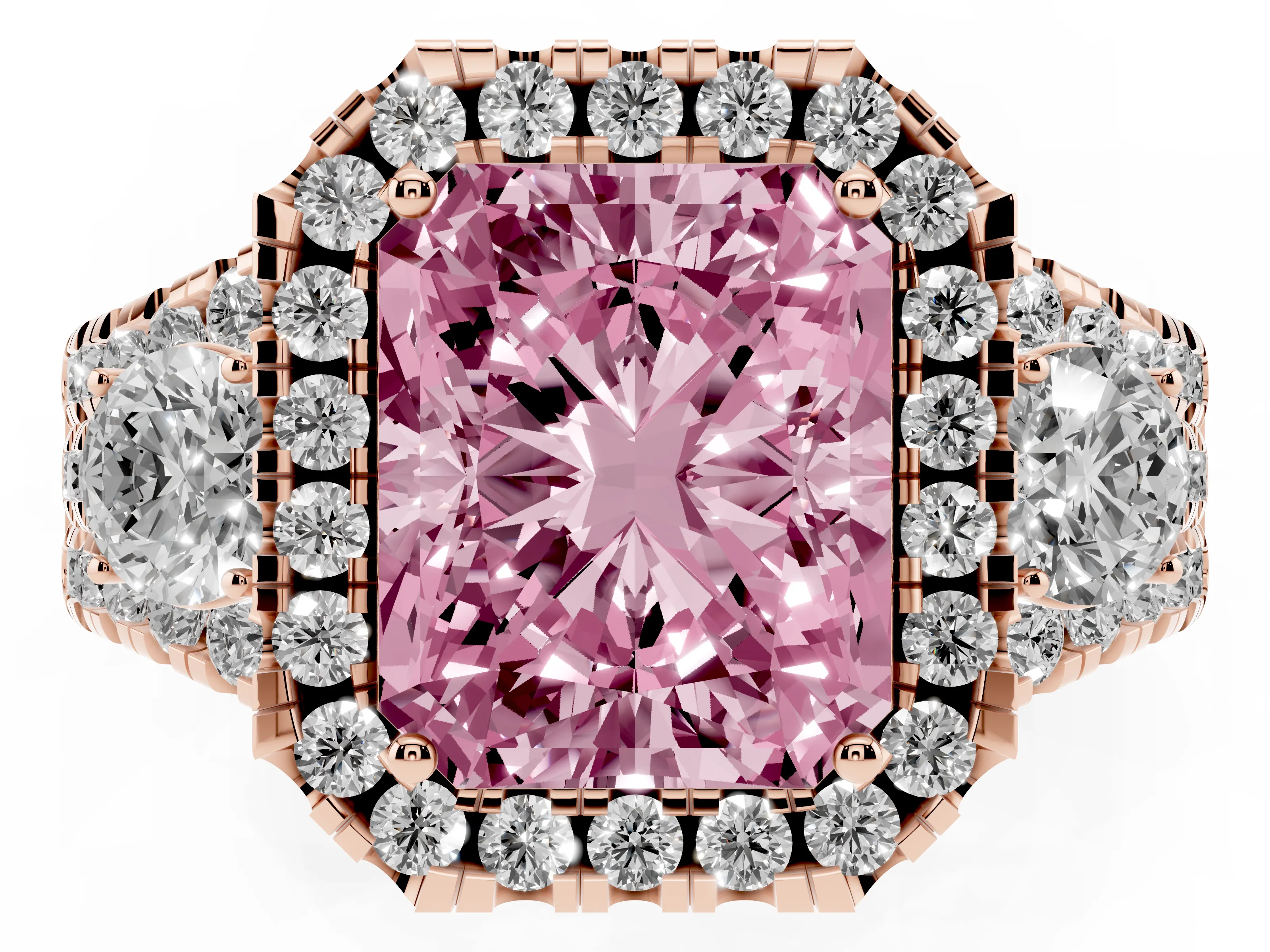 Fancy Pink Radiant Cut Diamond Halo Split Shank Ring Set in Rose gold with Round Accent Stones and Prong Setting