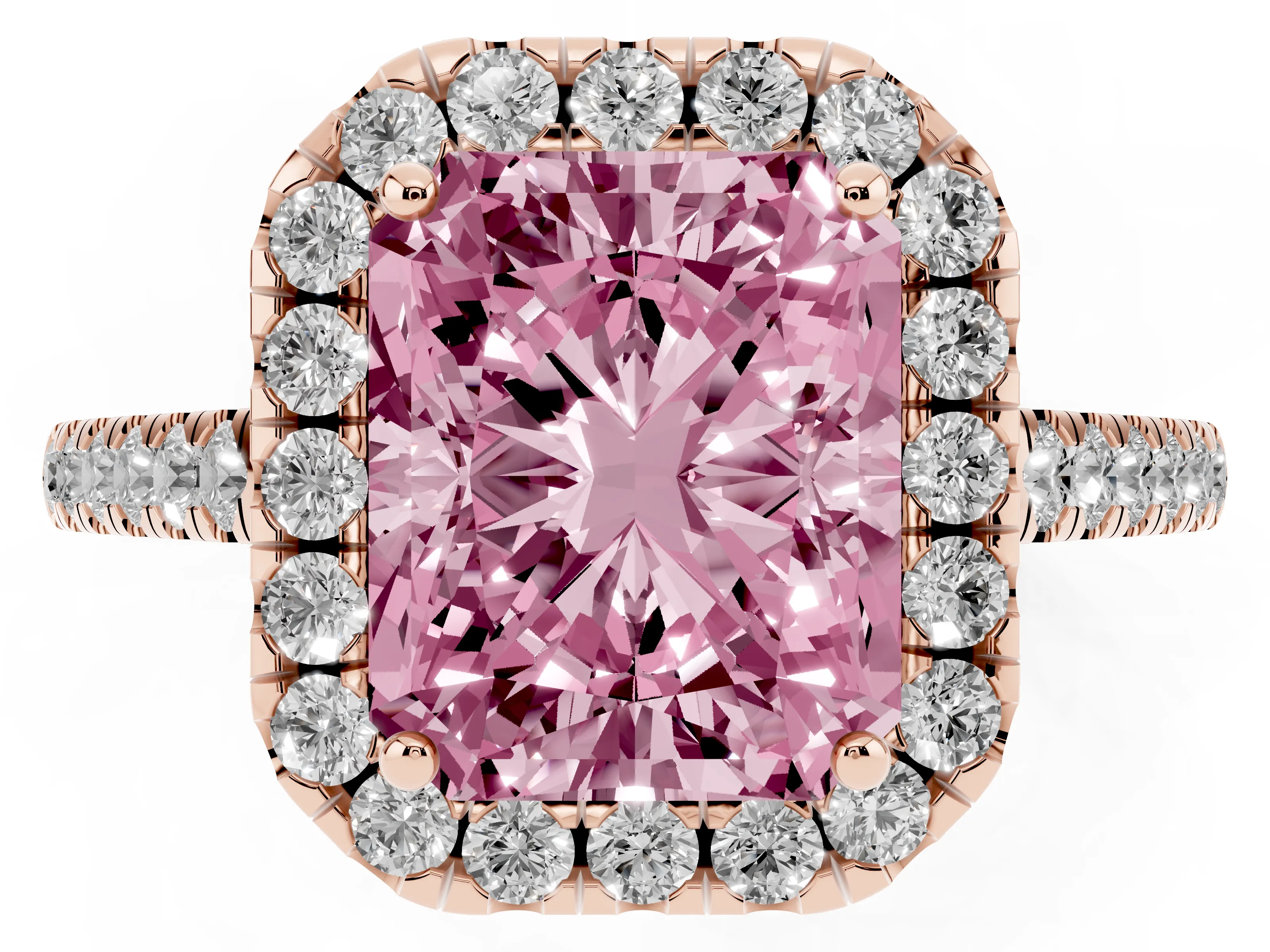Fancy Pink Radiant Cut Diamond Pavé Halo Engagement Ring Set in Rose gold with Pavé Band and Prong Setting