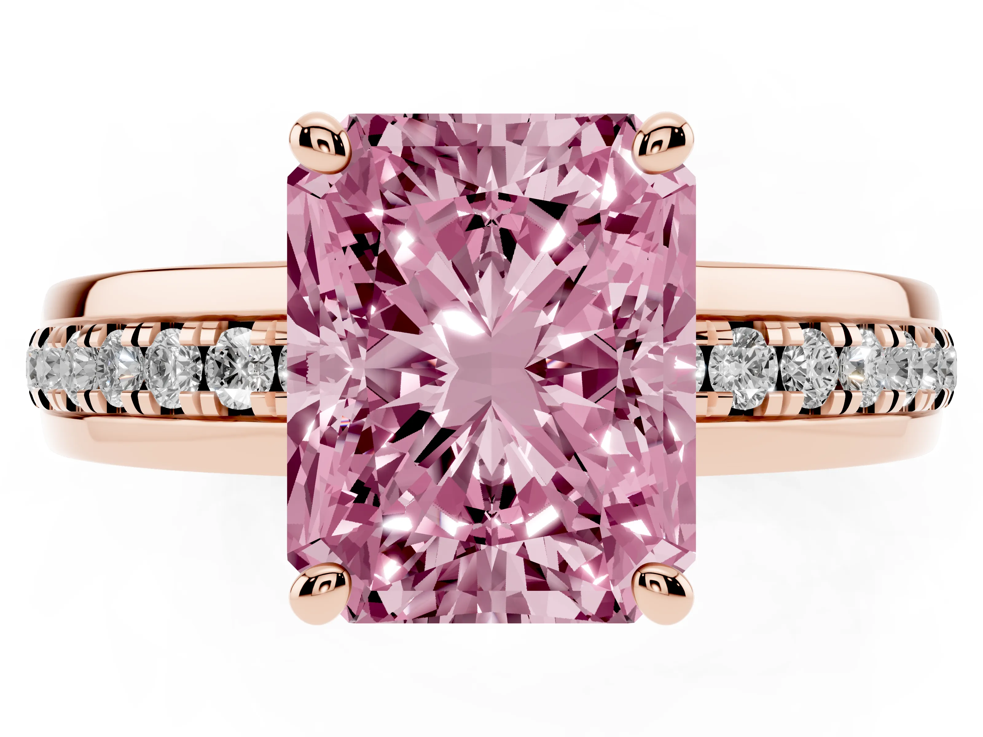 Fancy Pink Radiant Cut Diamond Solitaire Ring Set in Rose gold with Channel Set Band and Prong Setting