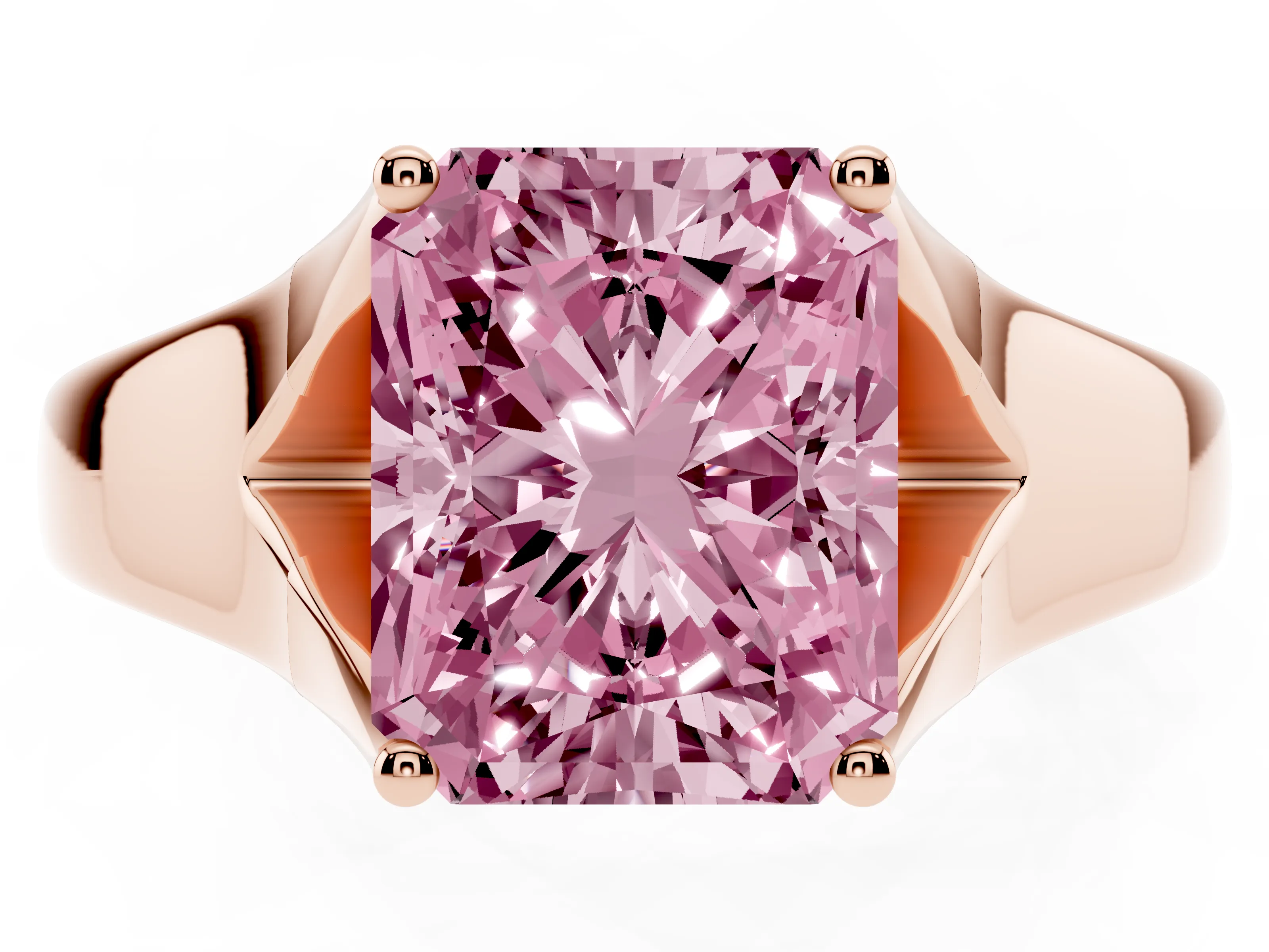 Fancy Pink Radiant Cut Diamond Solitaire Ring Set in Rose gold with Arched Cathedral Band and Prong Setting