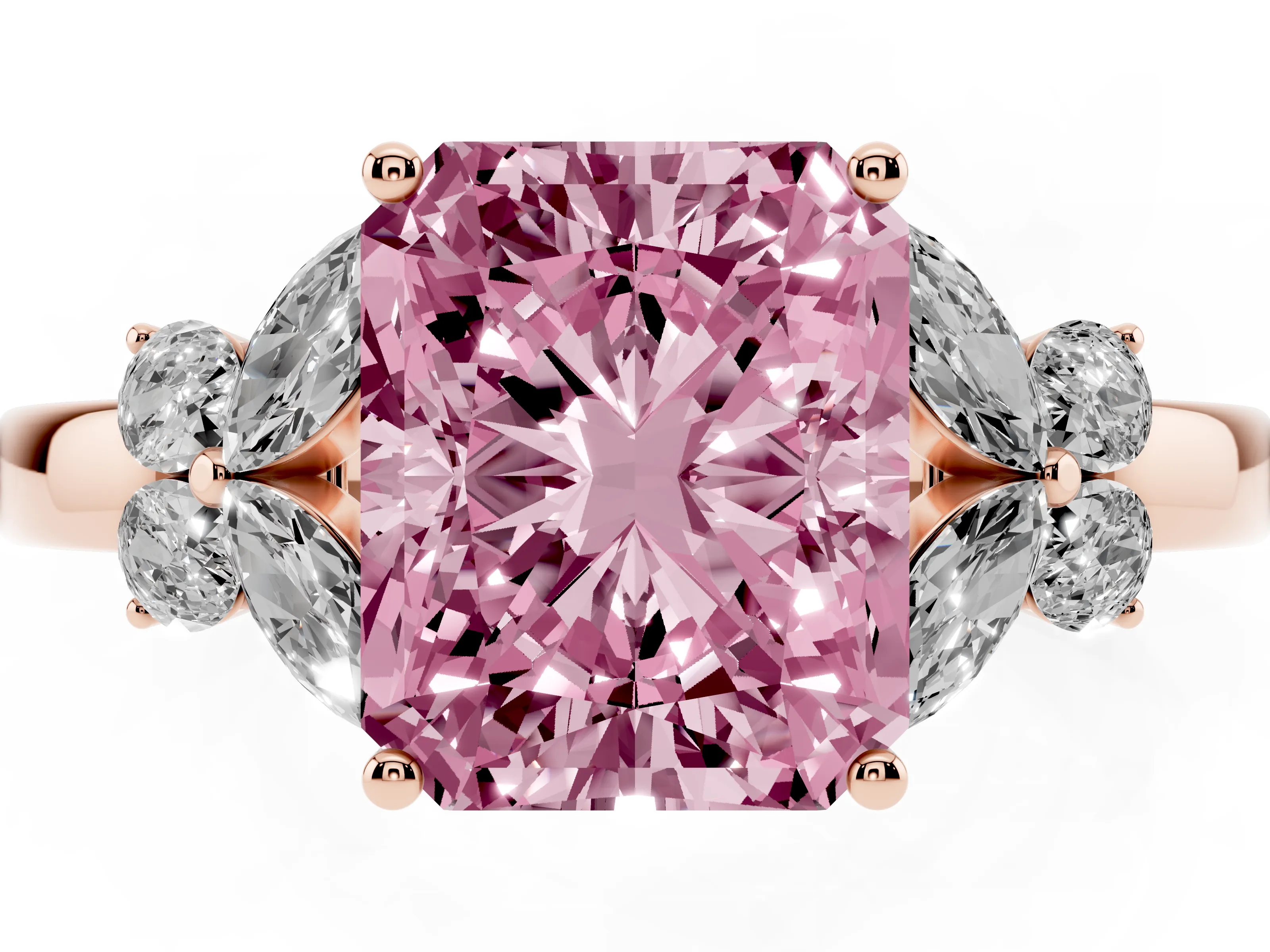 Fancy Pink Radiant Cut Diamond Solitaire Floral Ring Set in Rose gold with Marquise Petals and Prong Setting