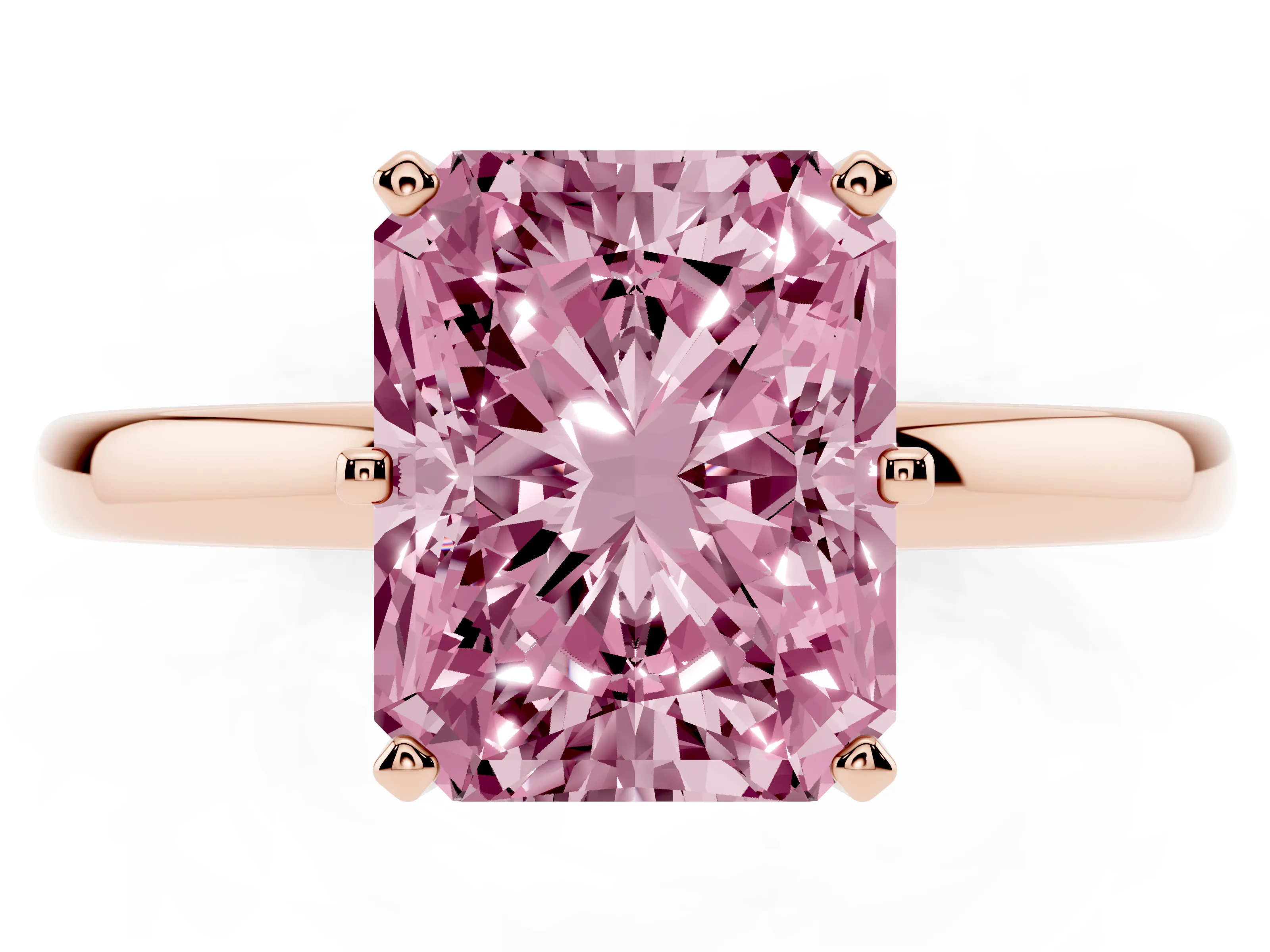 Fancy Pink Radiant Cut Diamond Solitaire Ring Set in Rose gold with Raised Prong Setting on a Classic Band
