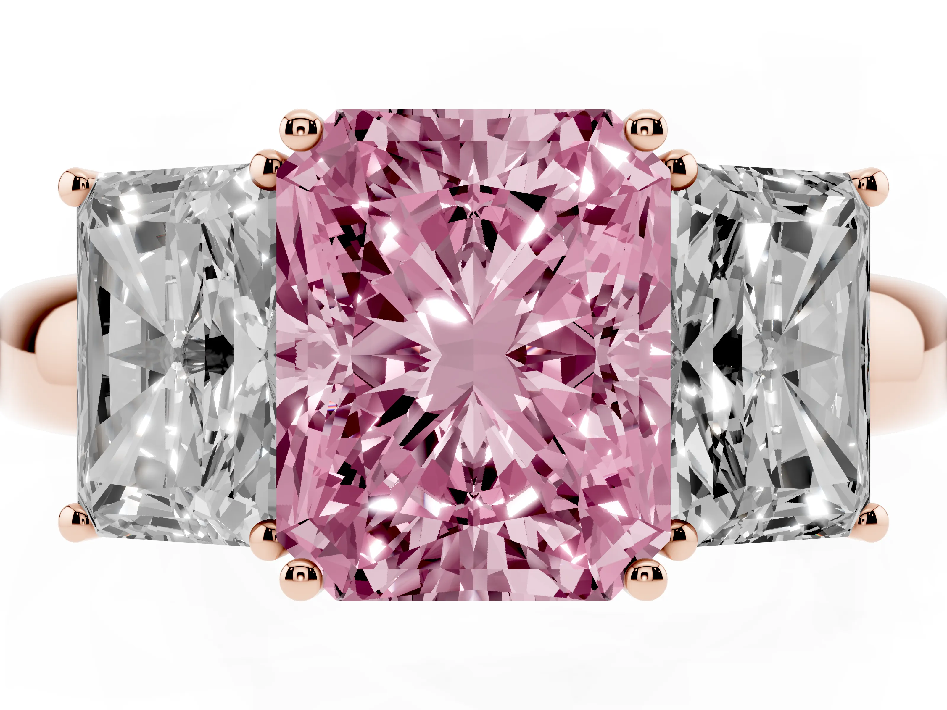 Fancy Pink Radiant Cut Diamond Three-Stone Ring Set in Rose gold with Bold Center and Classic Band