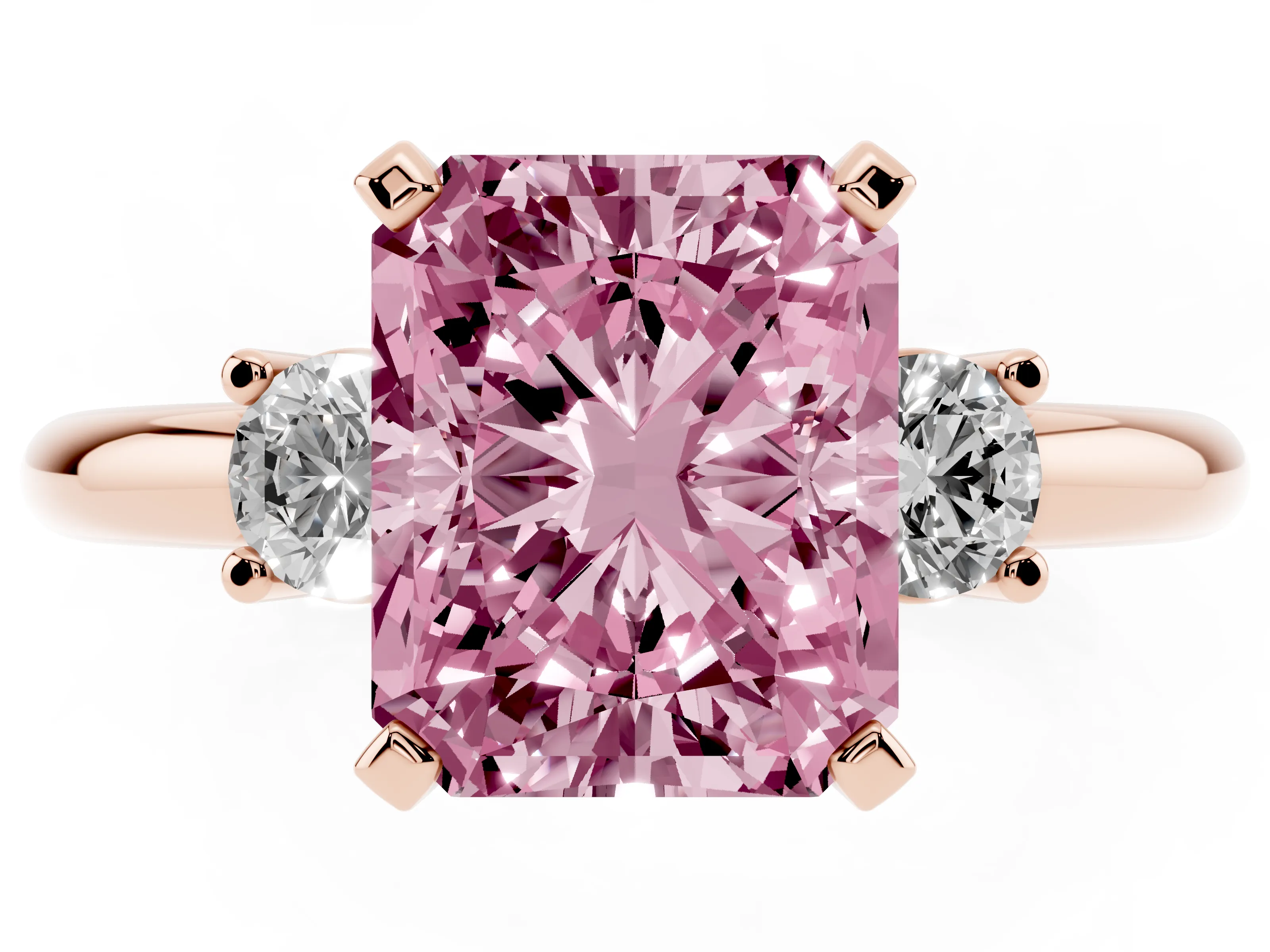 Fancy Pink Three-Stone Radiant Cut Diamond Ring Set in Rose gold with Prong Setting and Plain Band