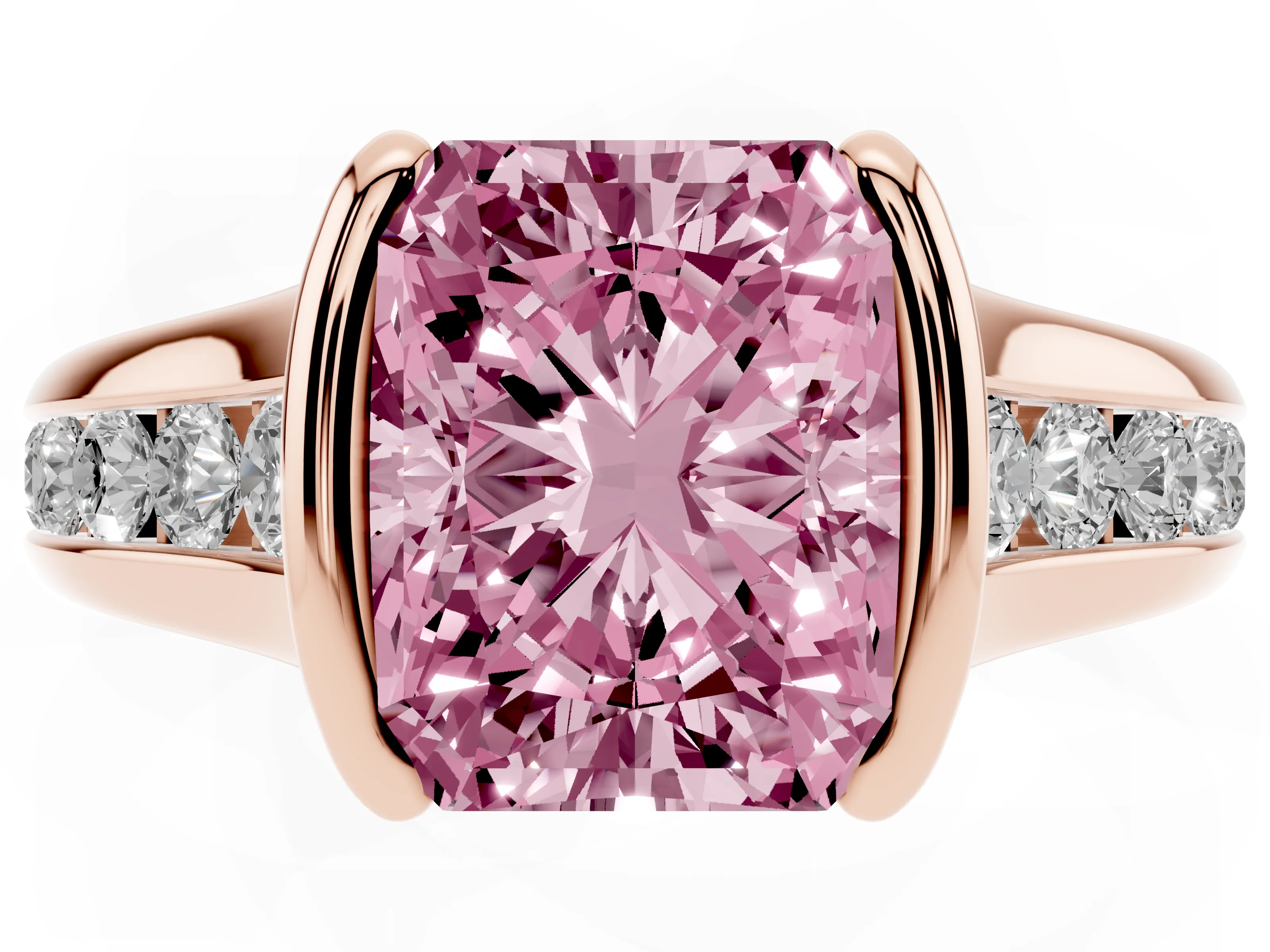 Fancy Pink Radiant Cut Diamond Bezel-Set Solitaire Ring Set in Rose gold with Channel-Set Band