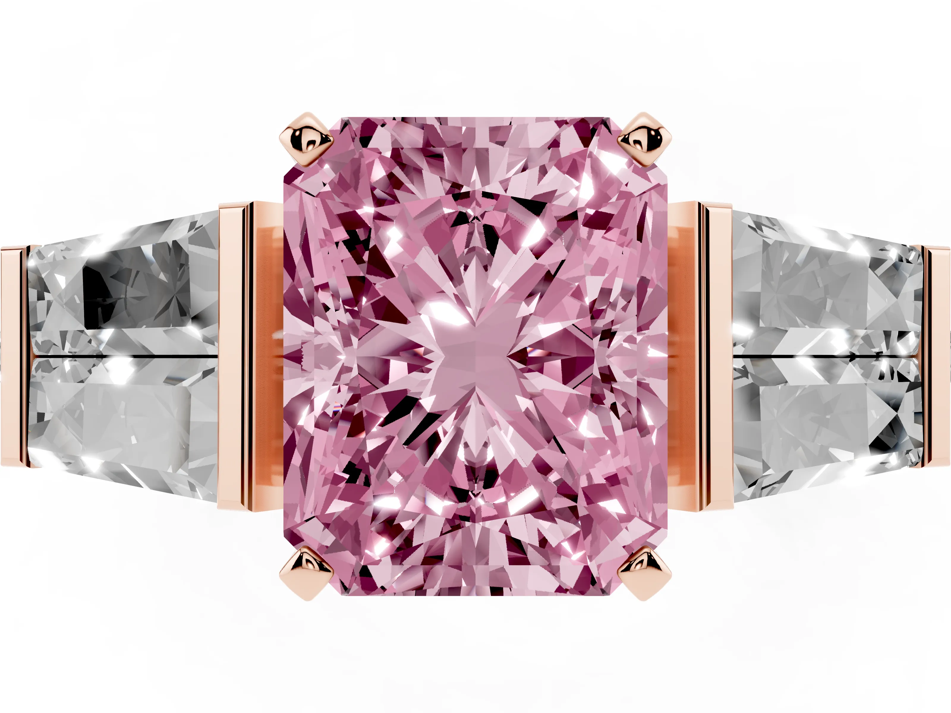 Fancy Pink Radiant Cut Diamond Engagement Ring Set in Rose gold with Baguette Side Stones and Channel Set Band
