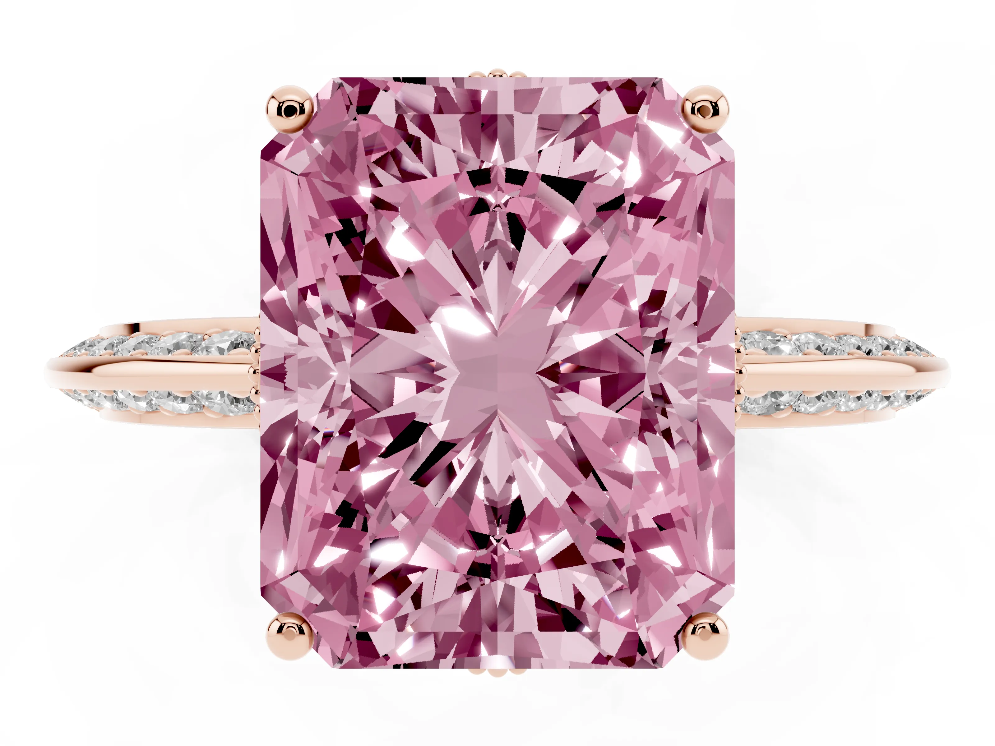 Fancy Pink Radiant Cut Diamond Solitaire Engagement Ring Set in Rose gold with Pavé Split Shank and Prong Setting