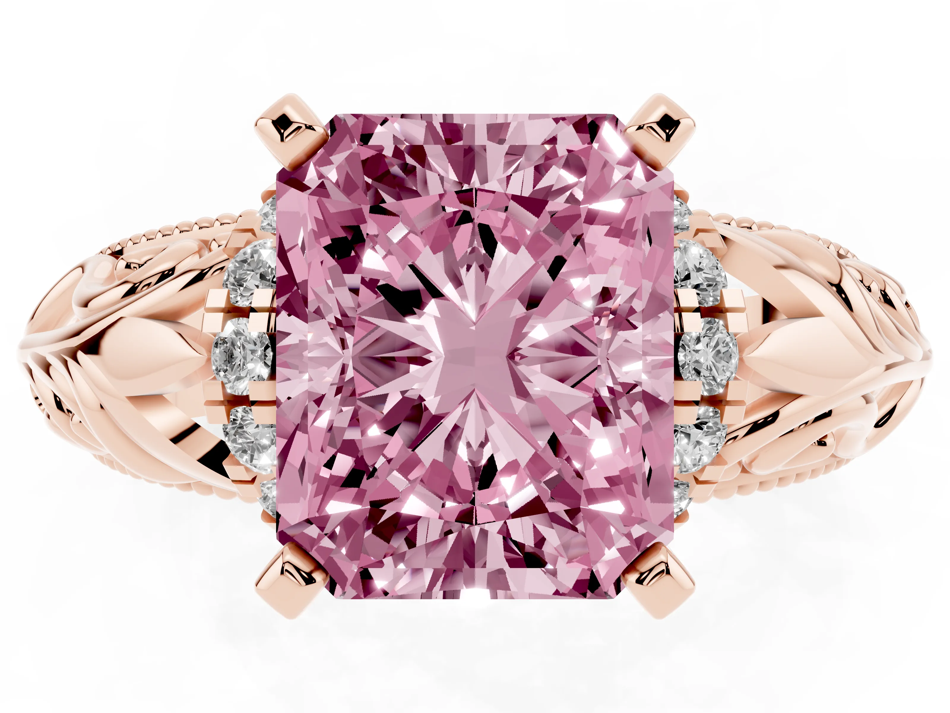 Fancy Pink Radiant Cut Diamond Filigree Halo Engagement Ring Set in Rose gold with Prong Setting