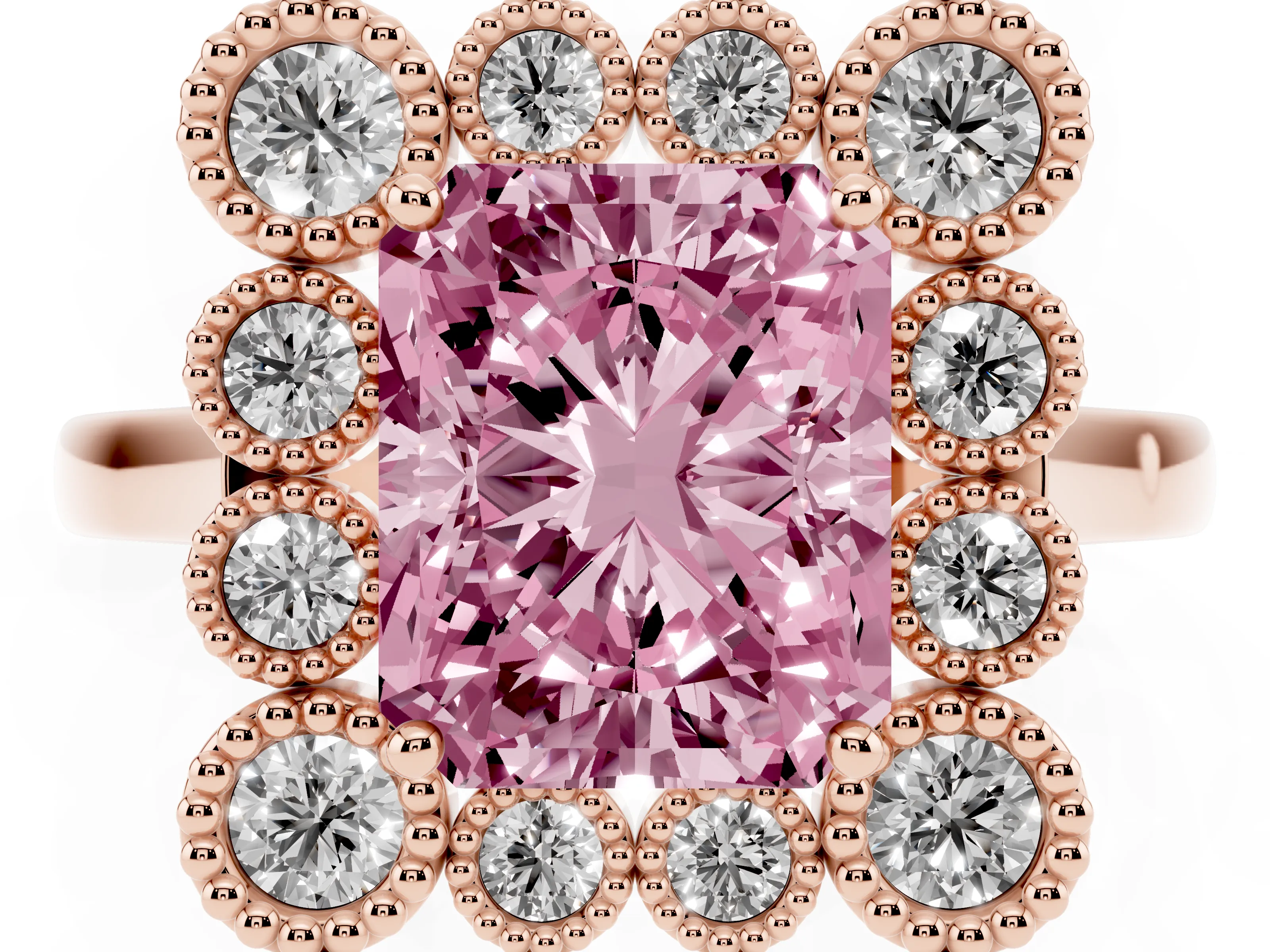 Fancy Pink Radiant Cut Diamond Cluster Halo Ring Set in Rose gold with Milgrain Bezel Accents and Plain Band