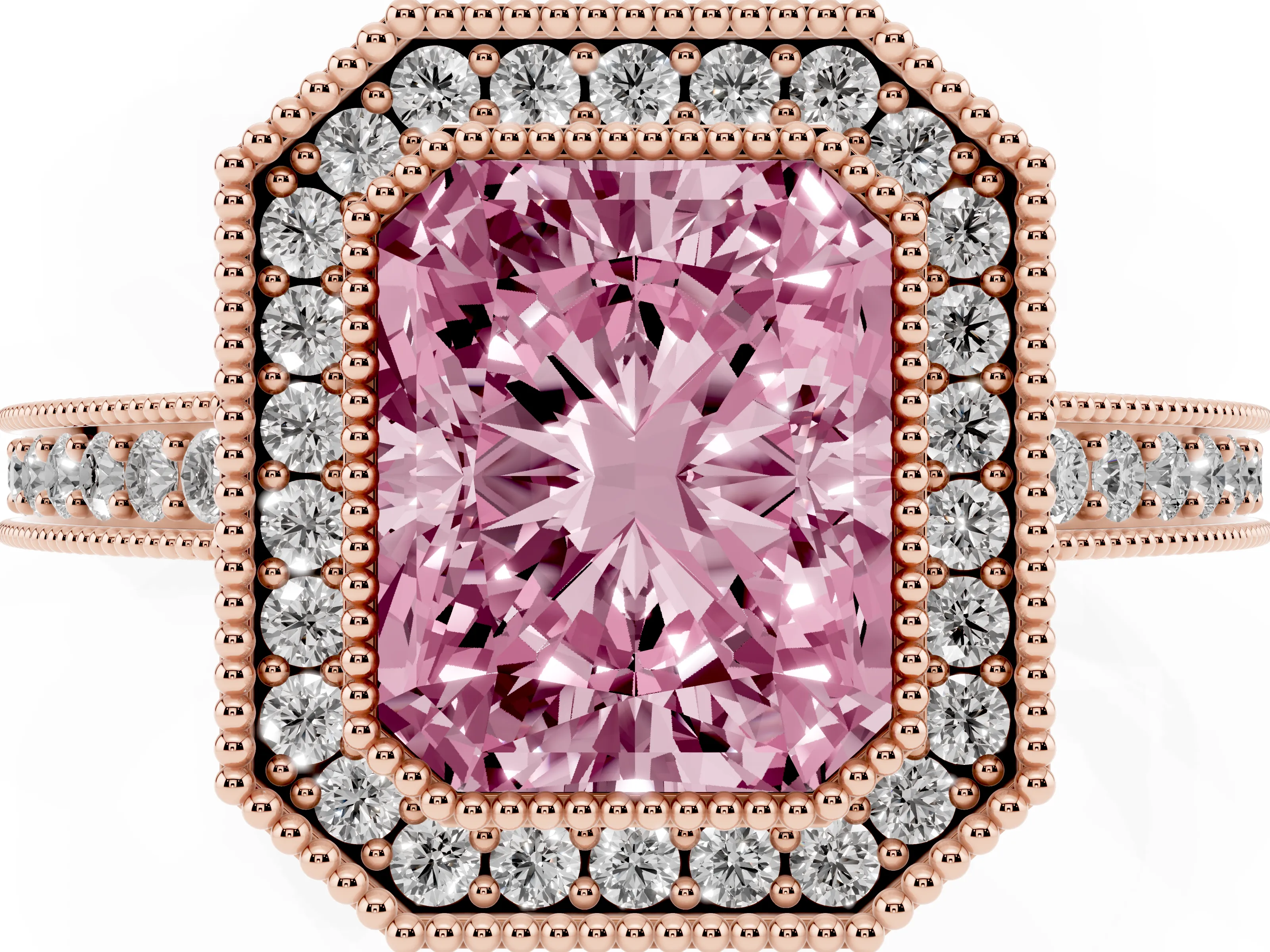 Fancy Pink Radiant Cut Diamond Round Halo Ring Set in Rose gold with Pavé Band