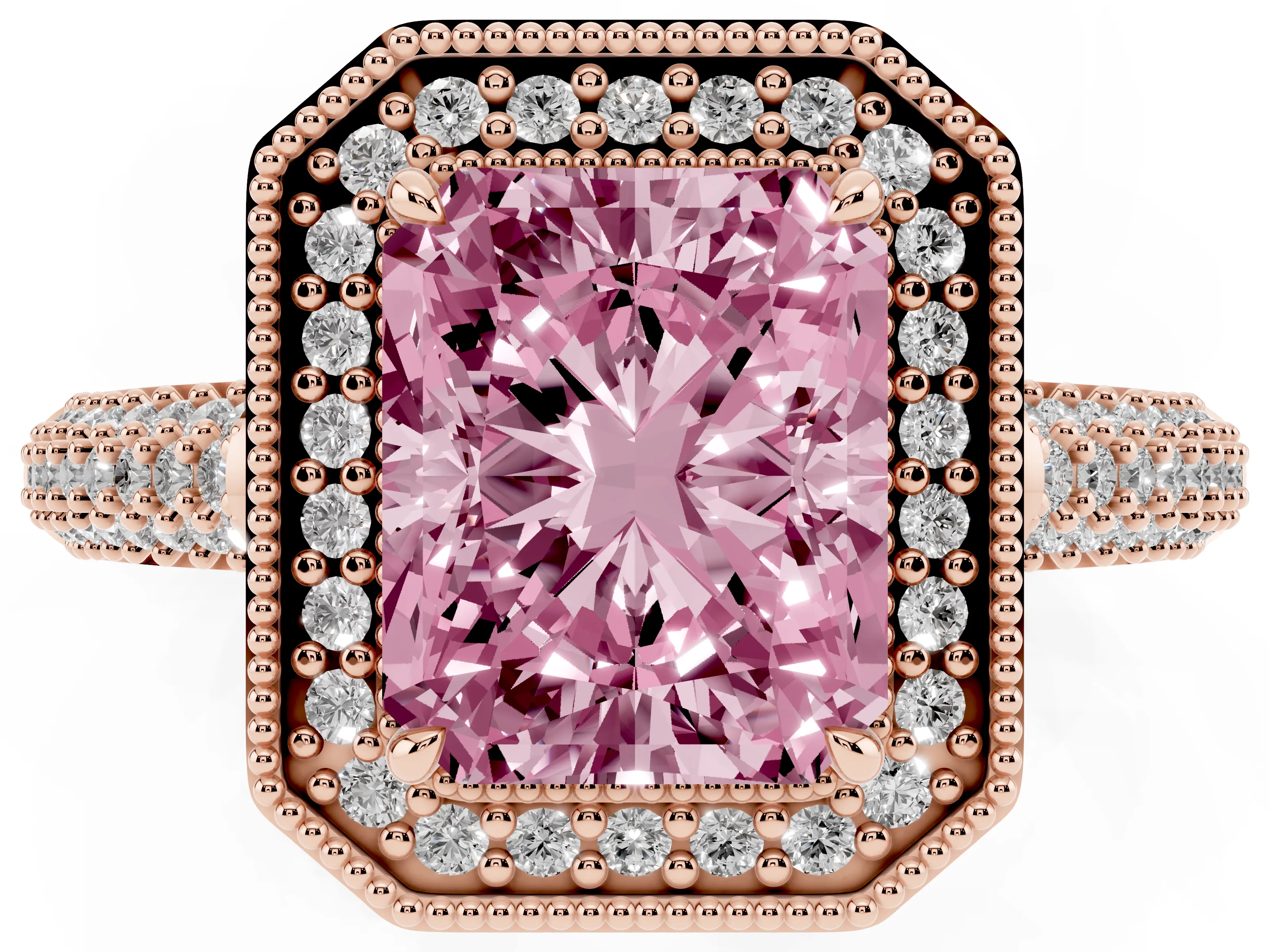 Fancy Pink Radiant Cut Diamond Halo Pavé Band Set in Rose gold with Prong Setting