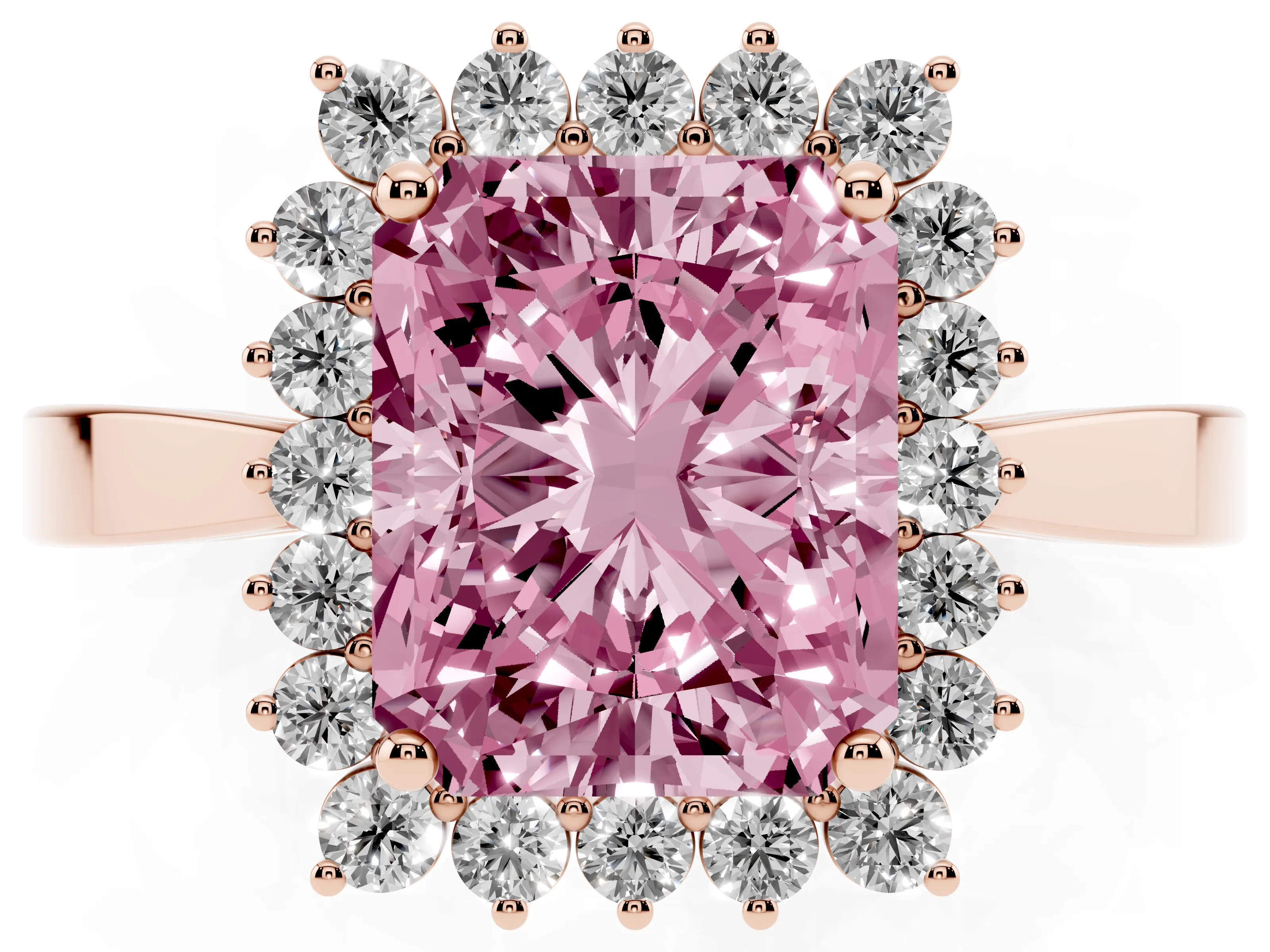 Fancy Pink Radiant Cut Diamond Halo Ring Set in Rose gold with Round Halo and Smooth Solitaire Band