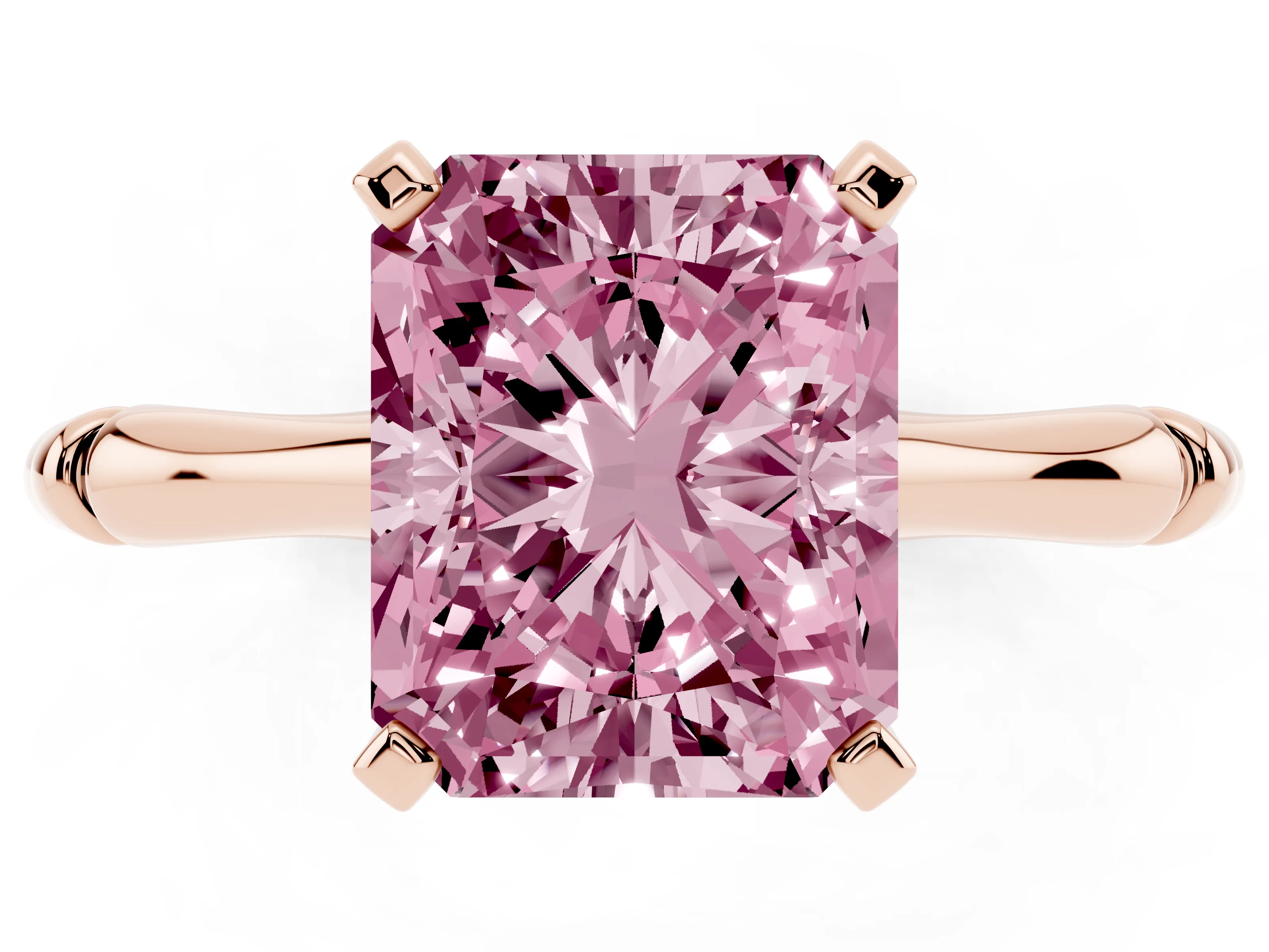 Fancy Pink Radiant Cut Diamond Solitaire Ring Set in Rose gold with Bamboo Band and Prong Setting