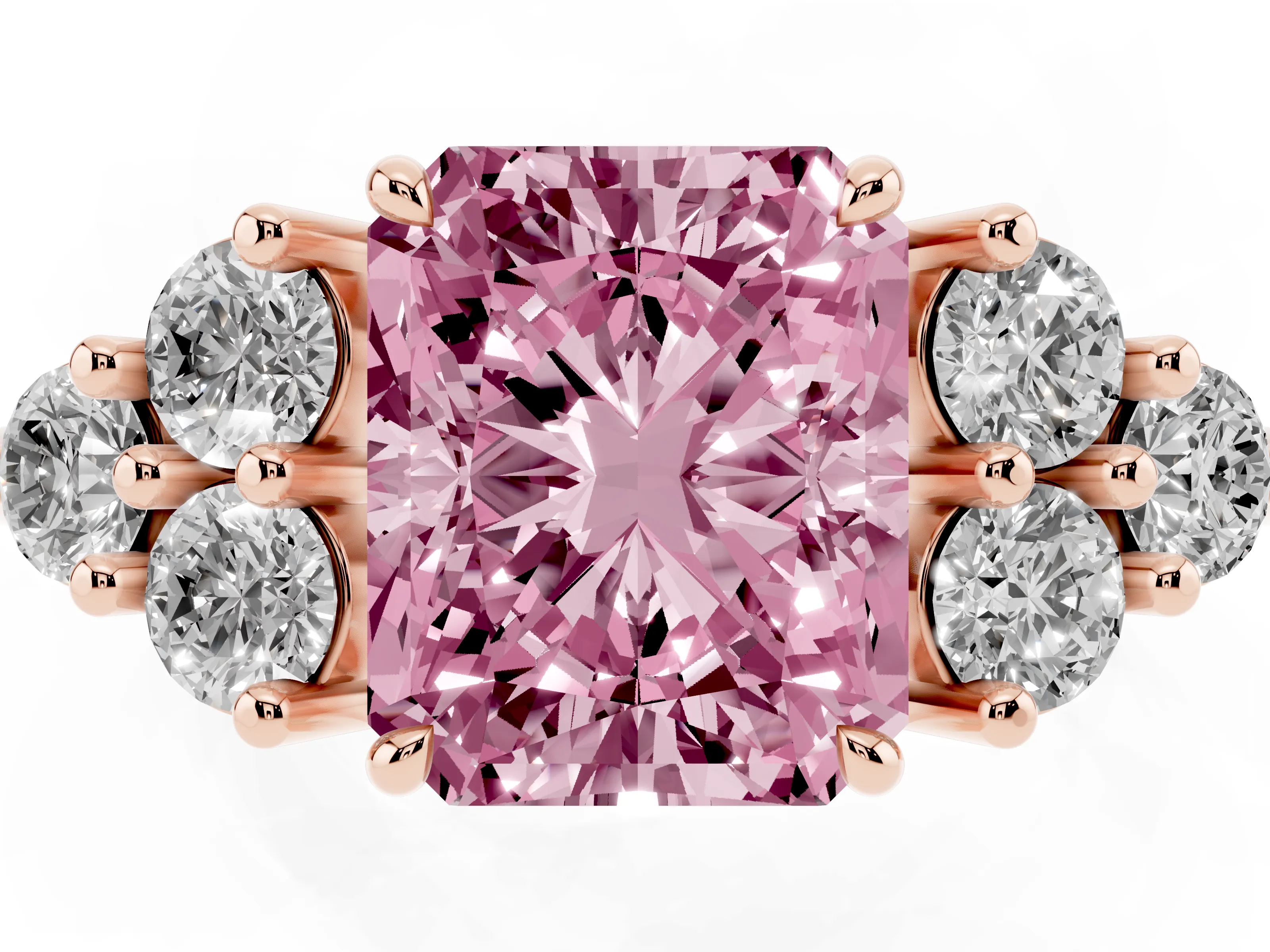 Fancy Pink Radiant Cut Diamond Solitaire Ring Set in Rose gold with Cluster Accents on Each Side