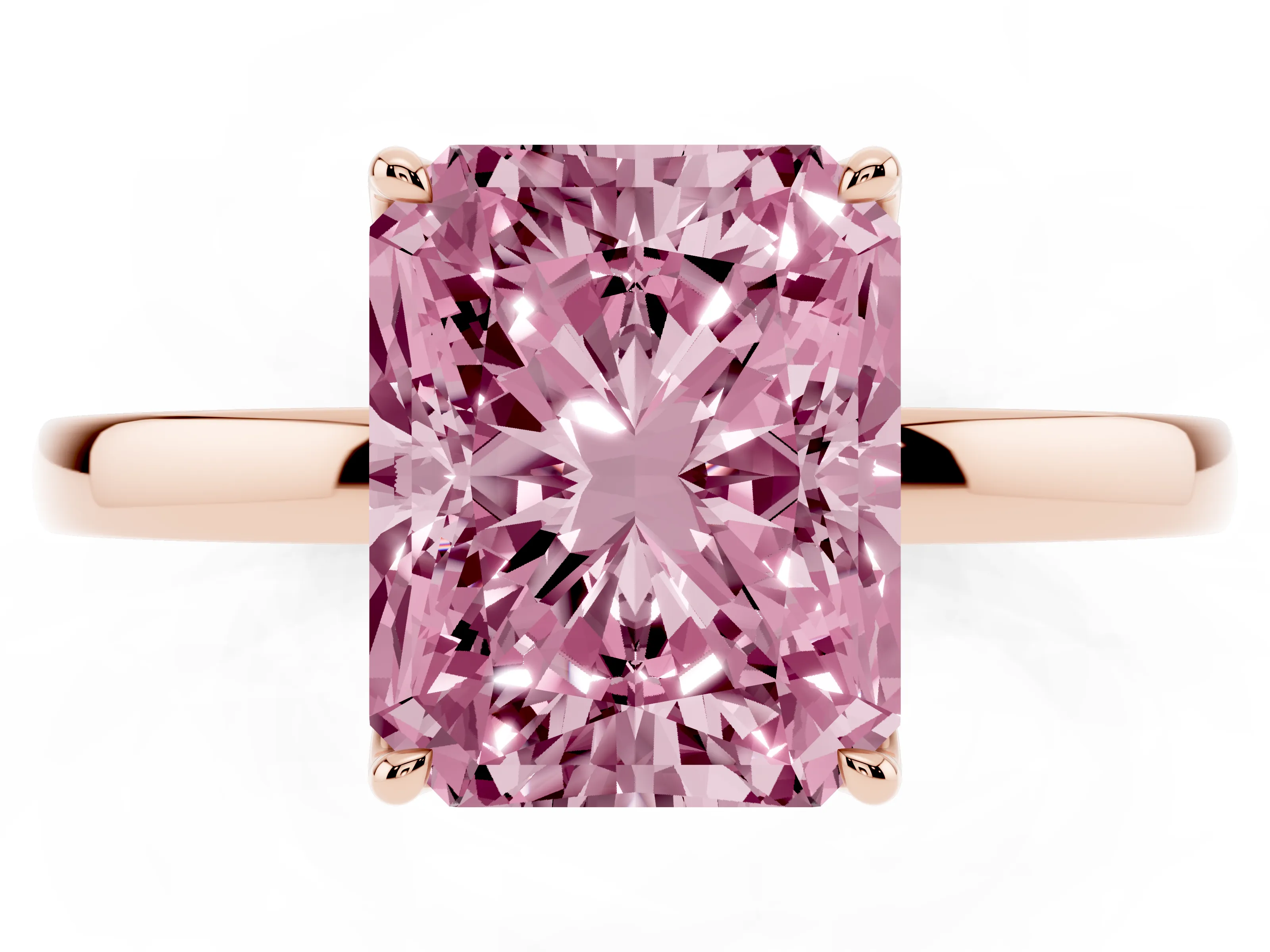 Fancy Pink Radiant Cut Diamond Solitaire Ring Set in Rose gold with Prong Setting and Thin Polished Band
