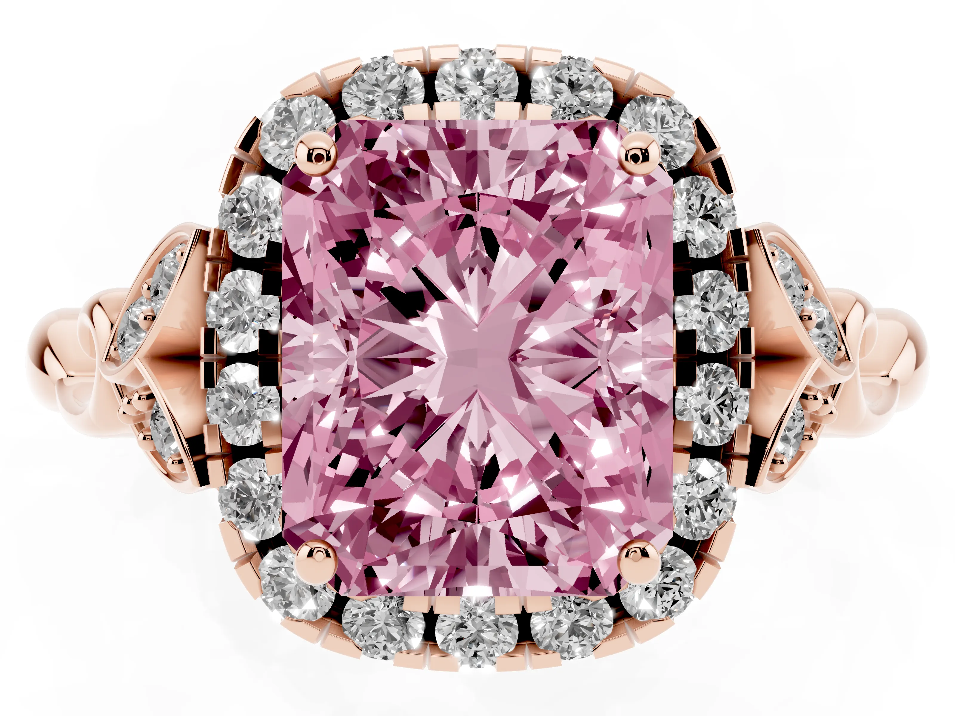 Fancy Pink Radiant Cut Diamond Halo Engagement Ring Set in Rose gold with Vintage-Inspired Band and Prong Setting