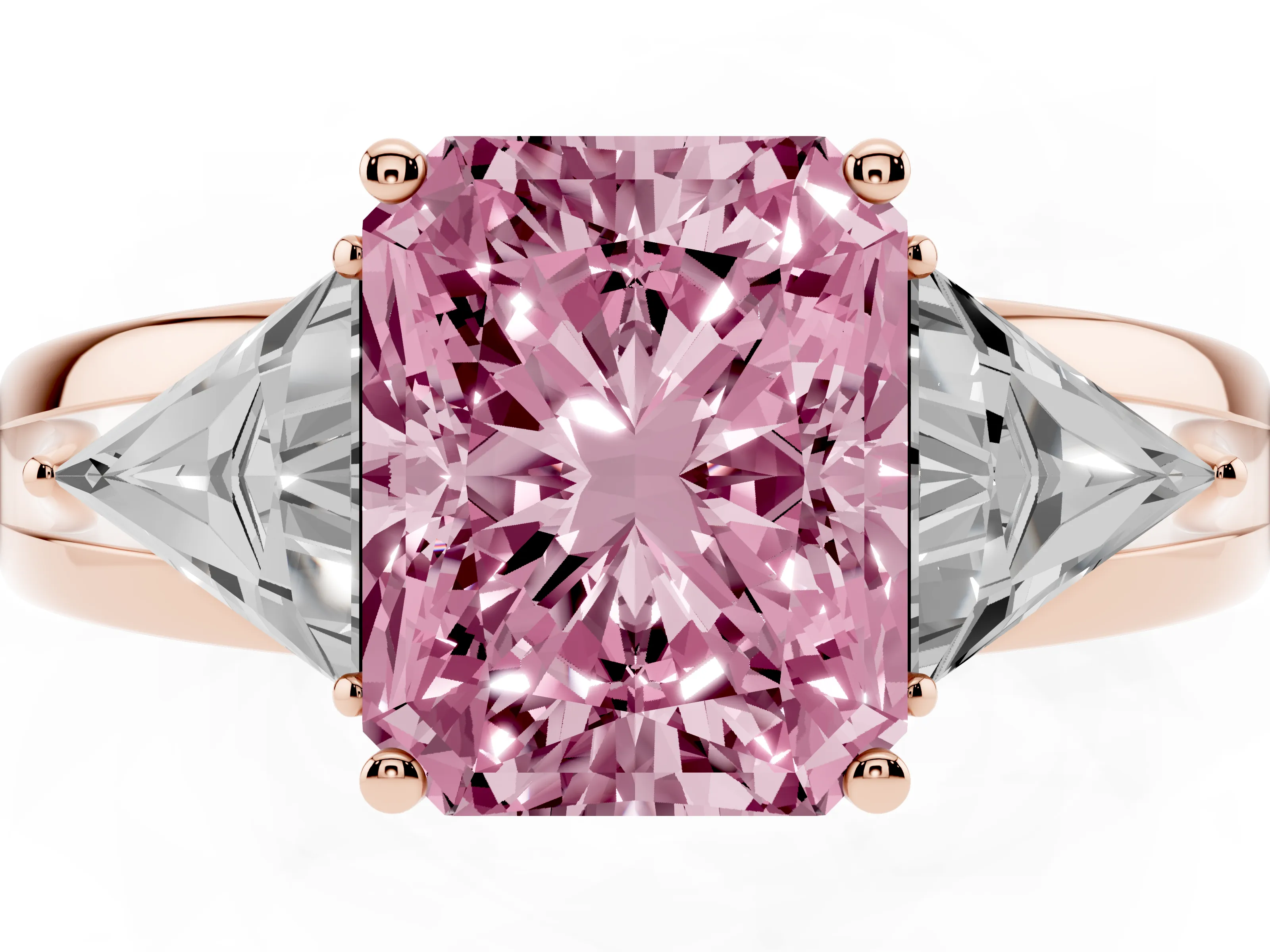 Fancy Pink Radiant Cut Diamond Three-Stone Ring Set in Rose gold with Trillion Side Stones and Split Shank