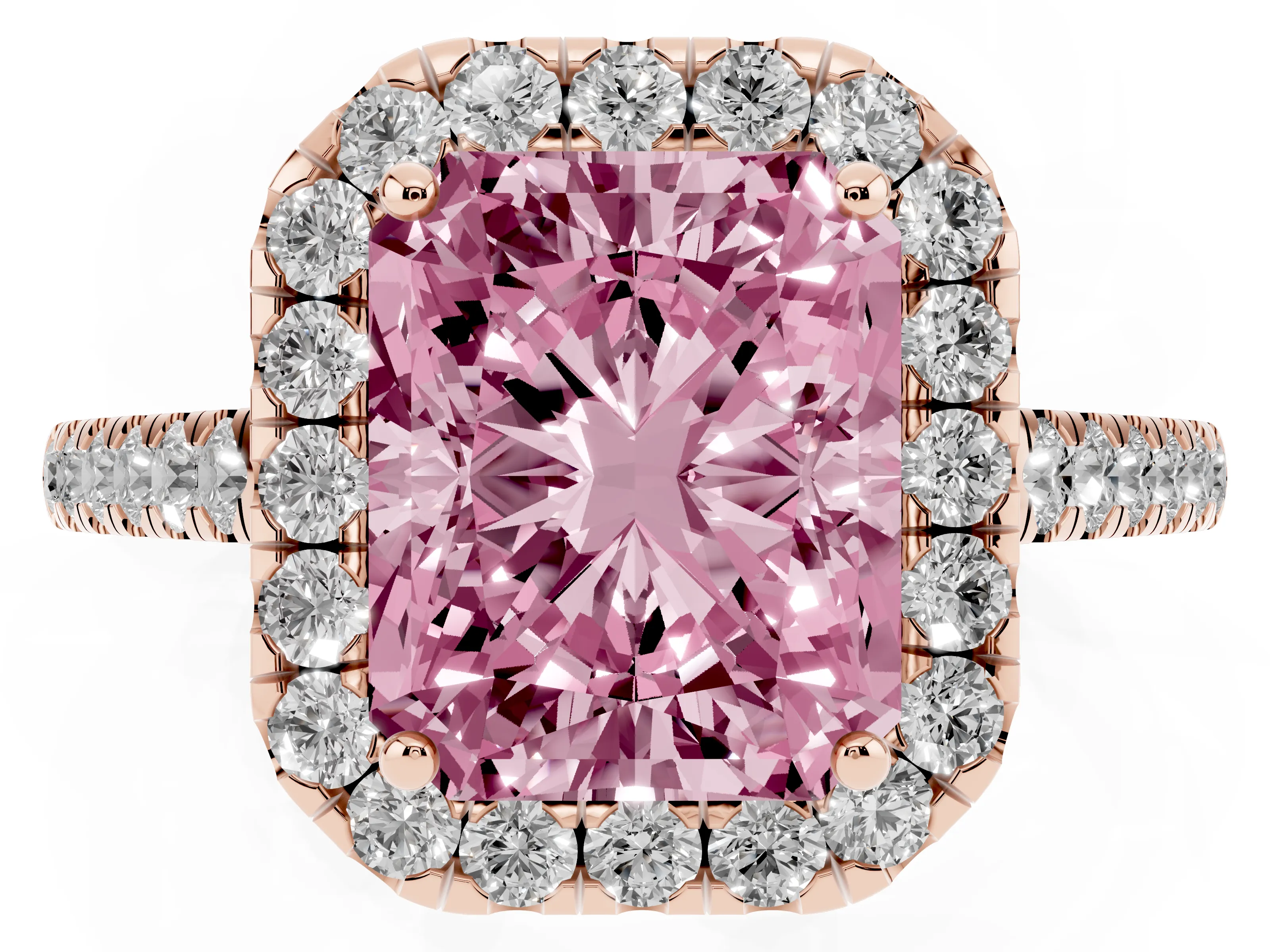 Fancy Pink Radiant Cut Diamond Halo Pavé Engagement Ring Set in Rose gold with Prong Setting