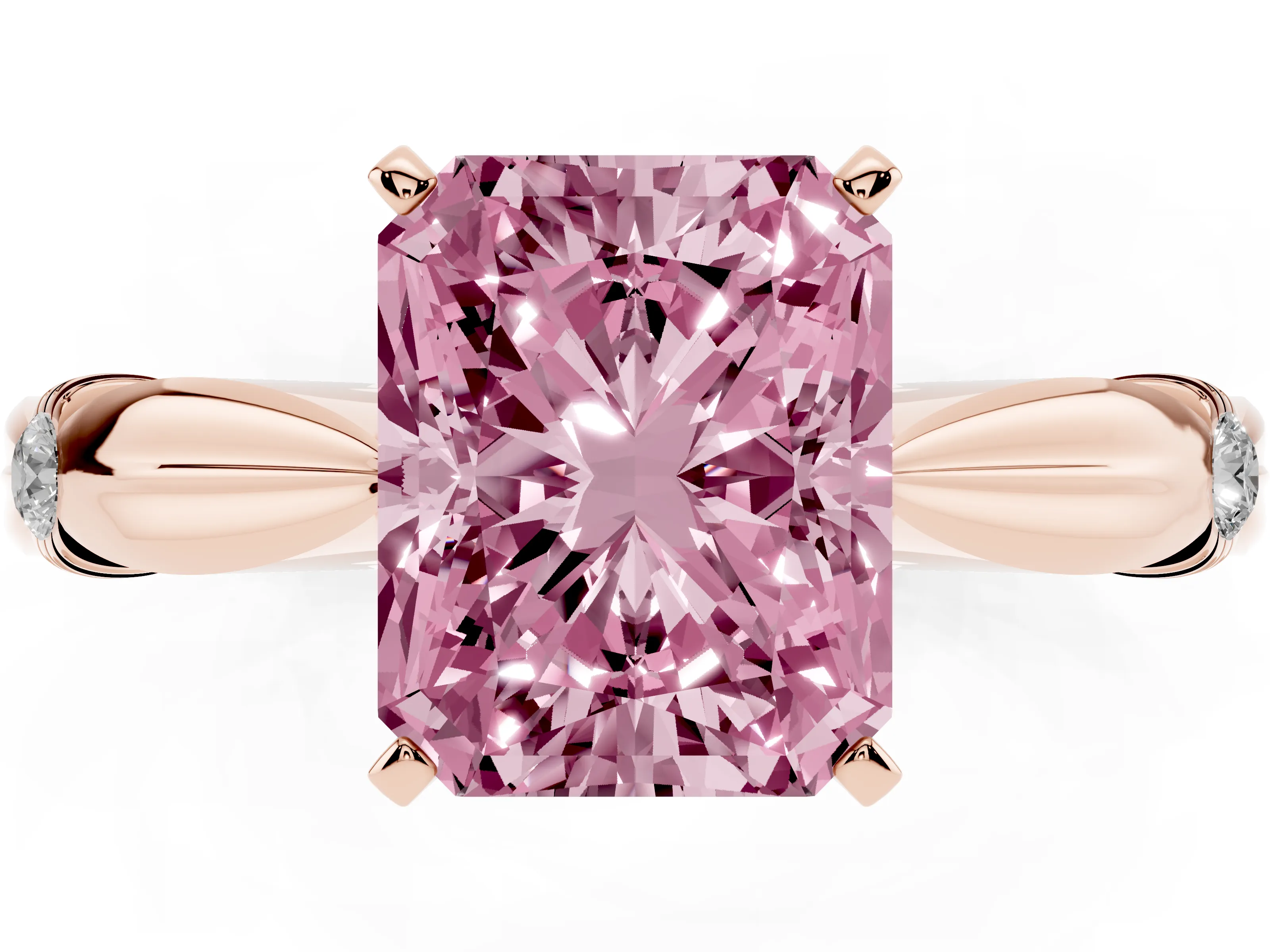 Fancy Pink Radiant Cut Diamond Solitaire Twisted Band Ring Set in Rose gold with Accent Stones and Prong Setting