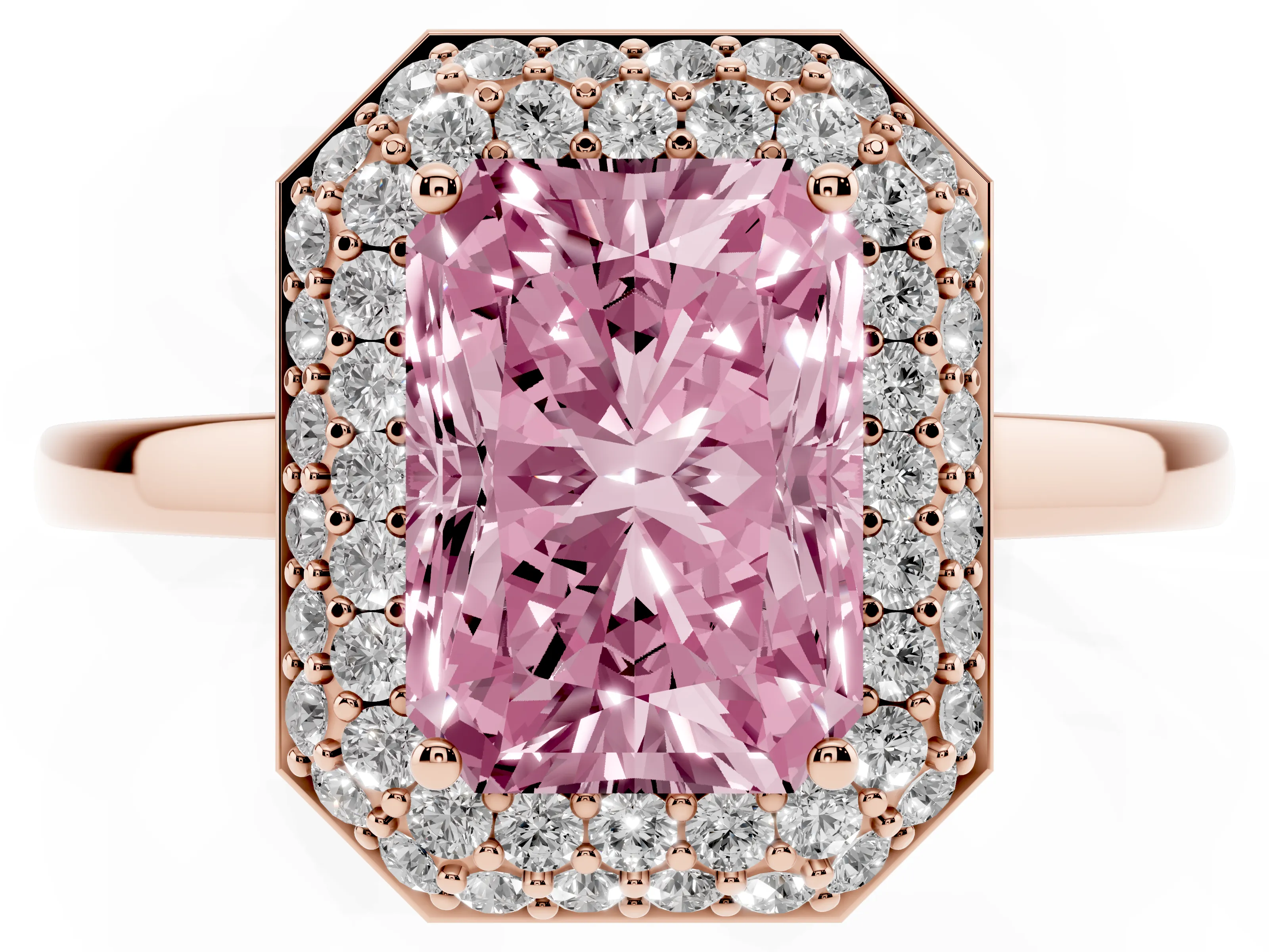 Fancy Pink Radiant Cut Diamond Halo Engagement Ring Set in Rose gold with Solitaire Band and Prong Setting