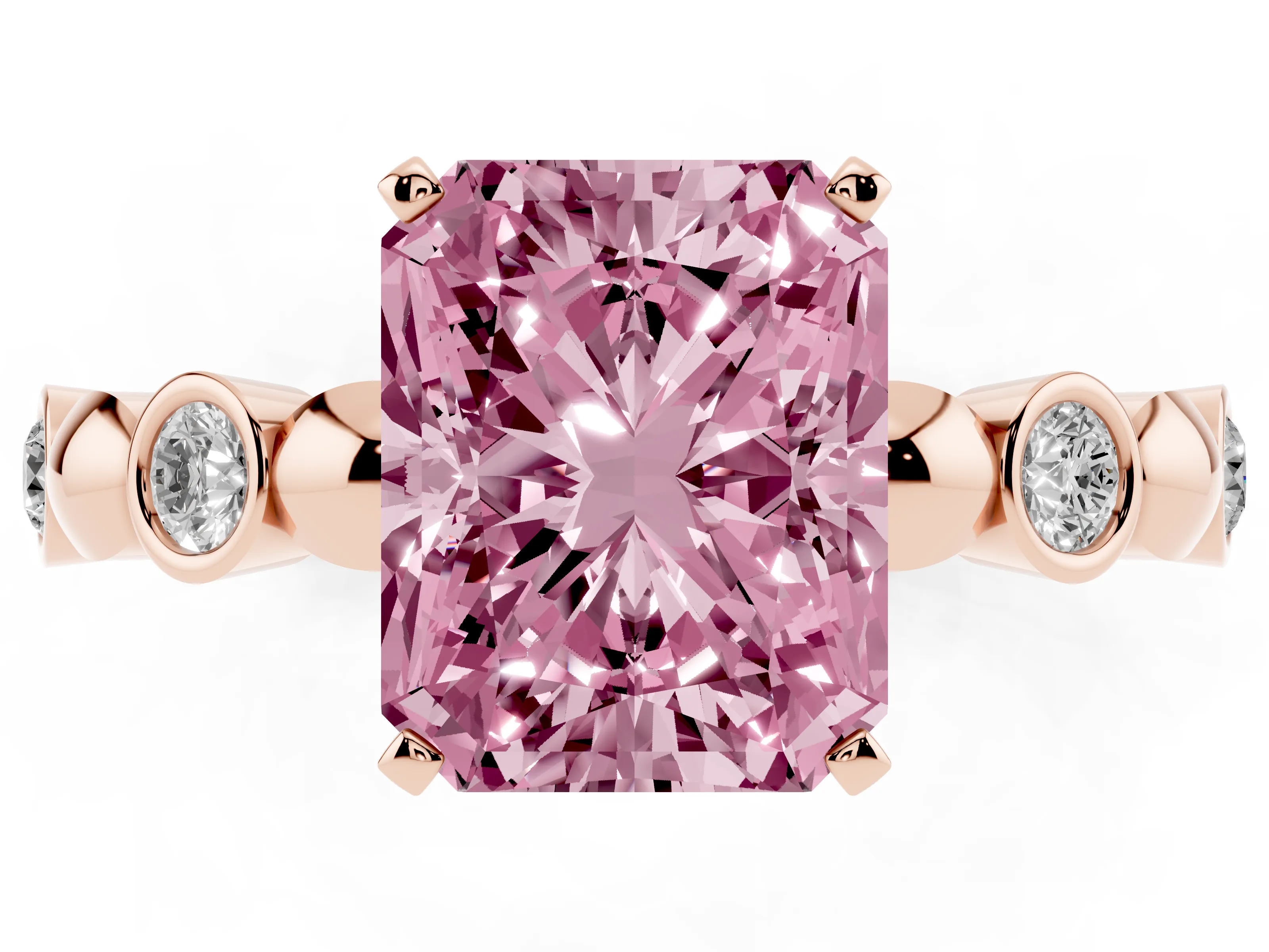 Fancy Pink Radiant Cut Diamond Solitaire Ring Set in Rose gold with Bezel-Set Accents on Beaded Band and Prong Setting