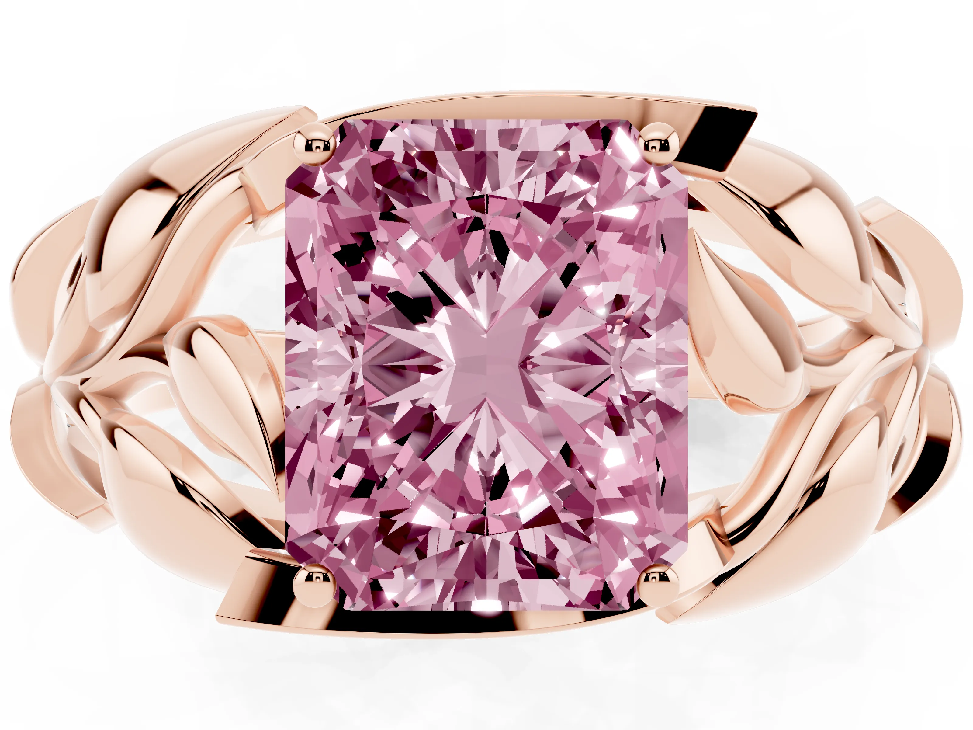 Fancy Pink Radiant Cut Diamond Leaf-Inspired Engagement Ring Set in Rose gold with Round Accents