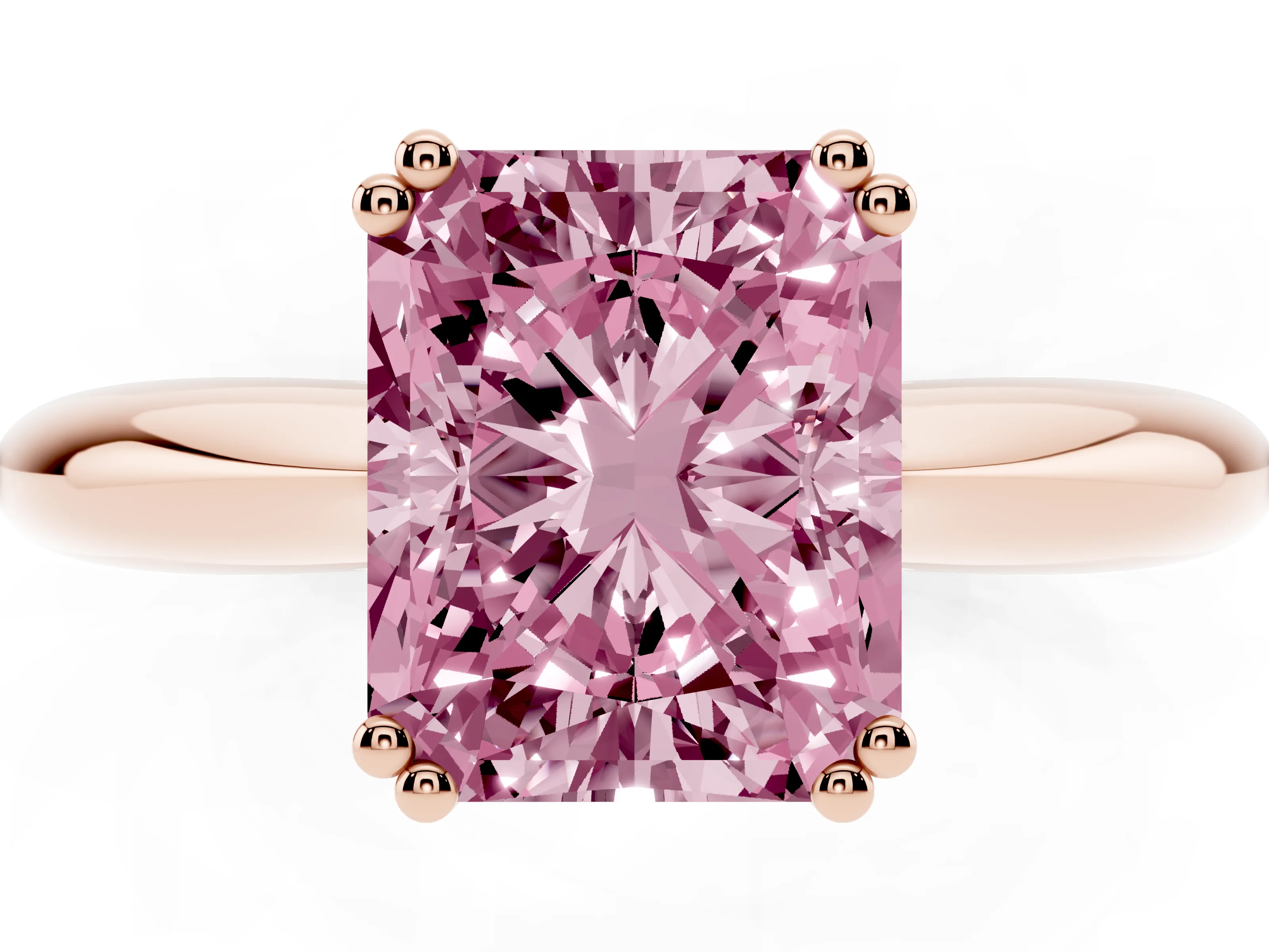 Fancy Pink Radiant Cut Diamond Solitaire Engagement Ring Set in Rose gold with Tapered Band and Prong Setting