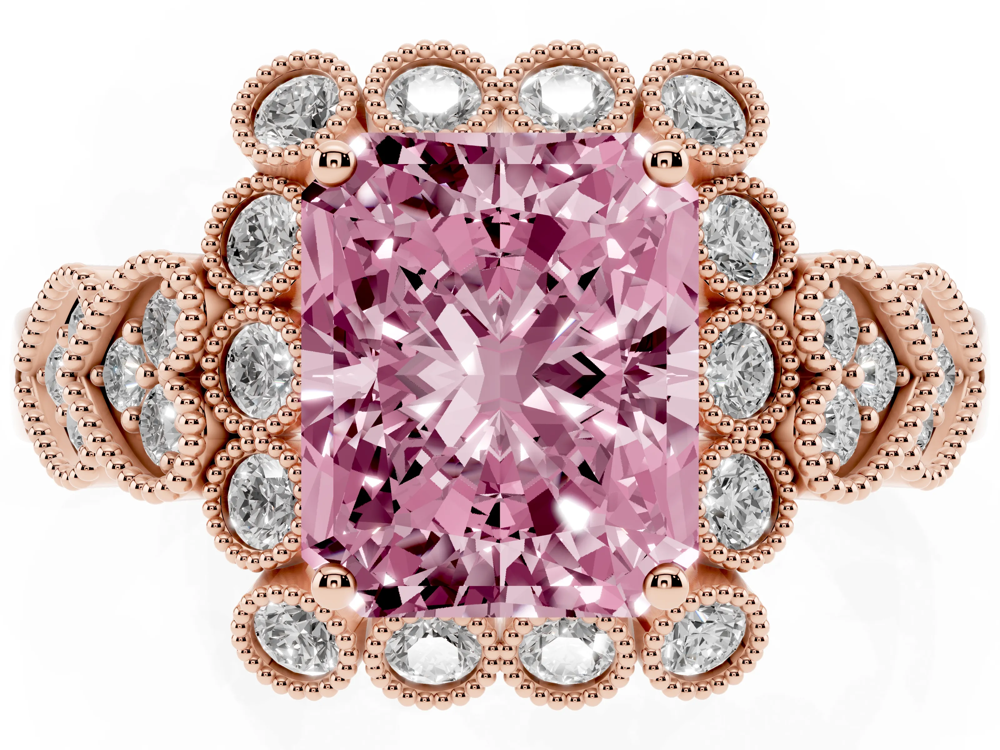 Fancy Pink Radiant Cut Diamond Solitaire Ring Set in Rose gold with Milgrain Pavé Heart Band