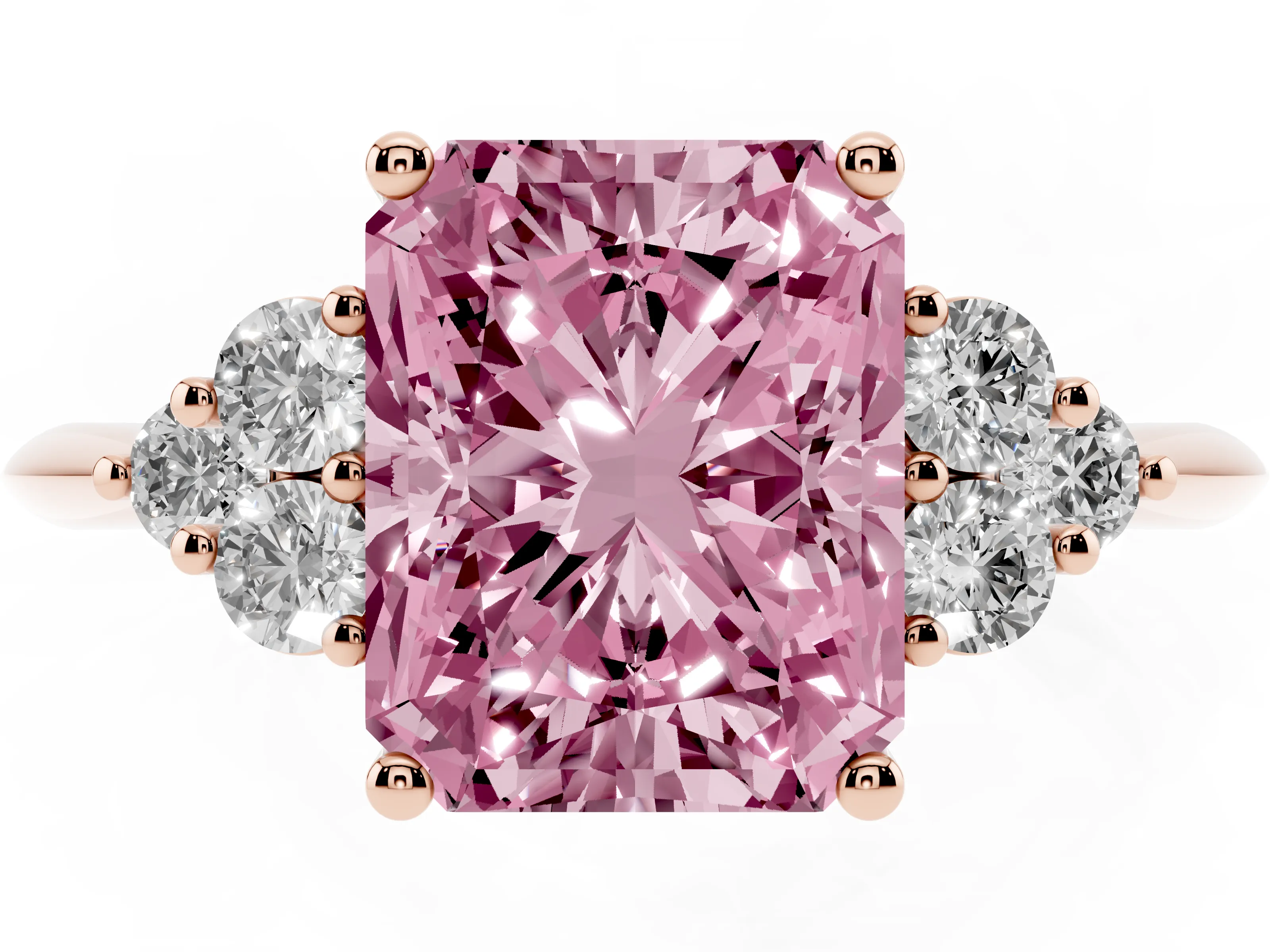 Fancy Pink Radiant Cut Diamond Cluster Ring Set in Rose gold with Plain Band and Prong Setting